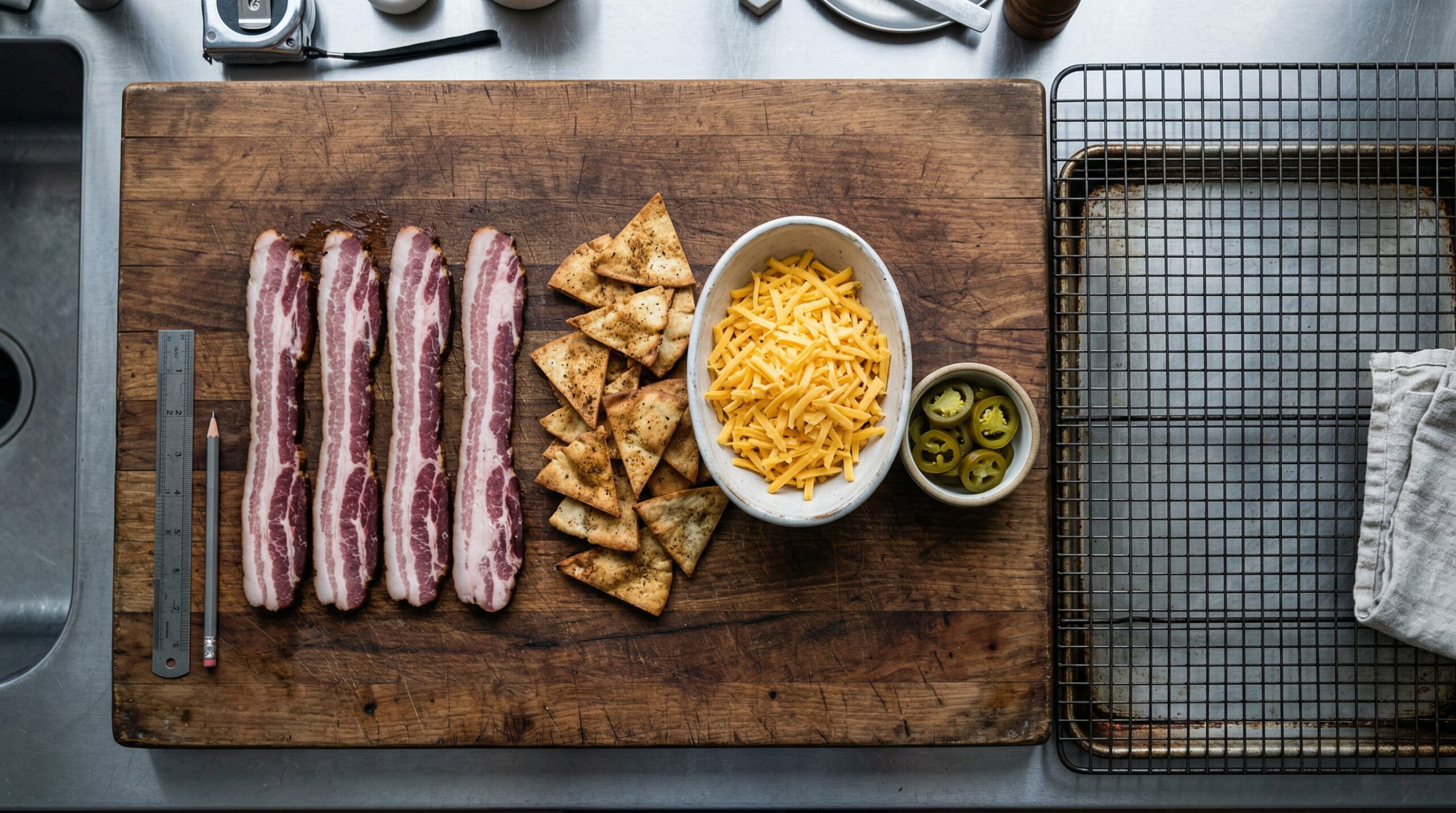 Thick-cut strips of raw bacon laying flat next to a pile of golden pita chips, freshly shredded sharp cheddar cheese, and bright green pickled jalapeños