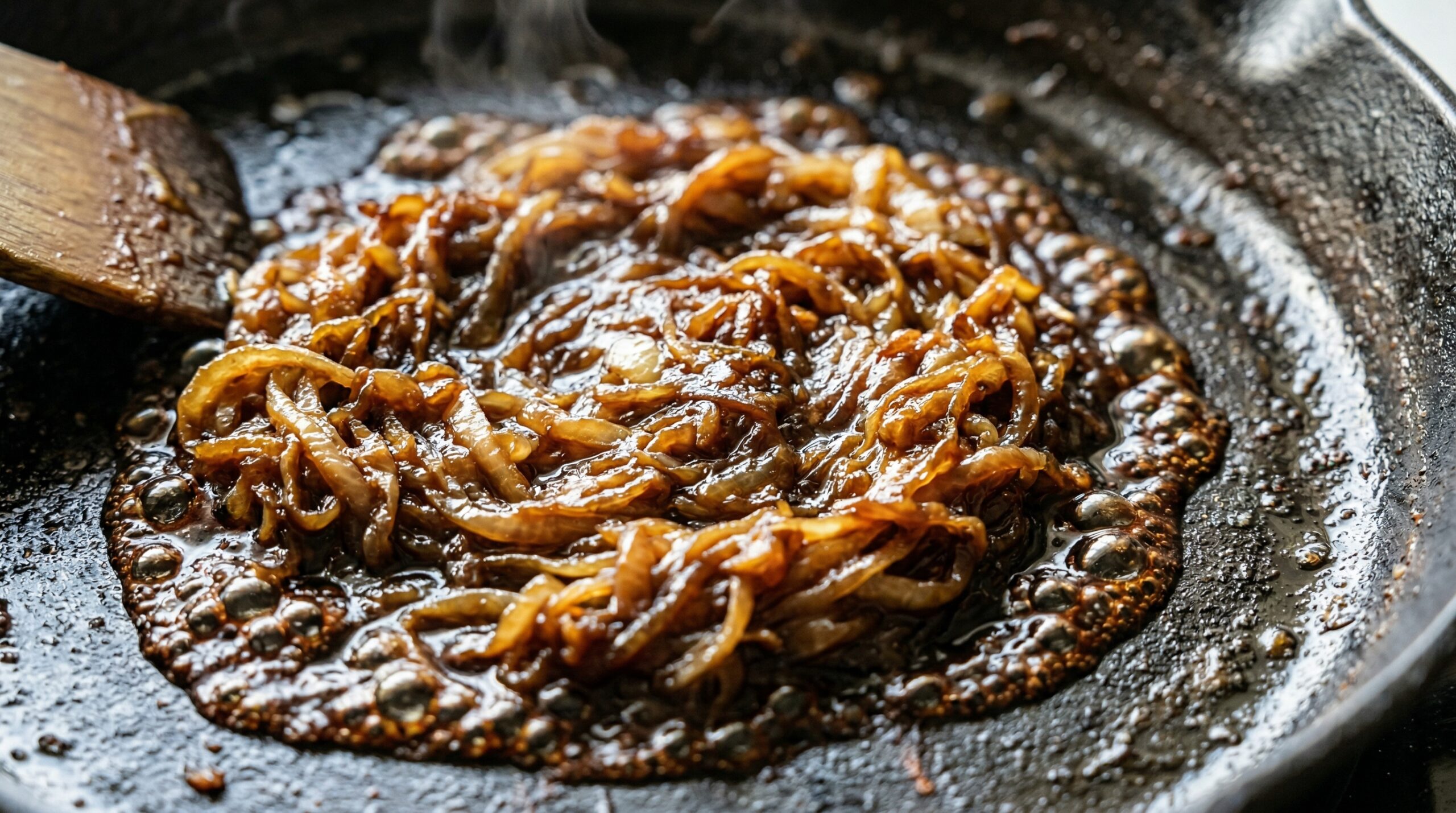 Macro detail of thinly sliced yellow onions actively cooking down into a dark, syrupy, deeply golden-brown tangle with balsamic vinegar in a cast-iron skillet