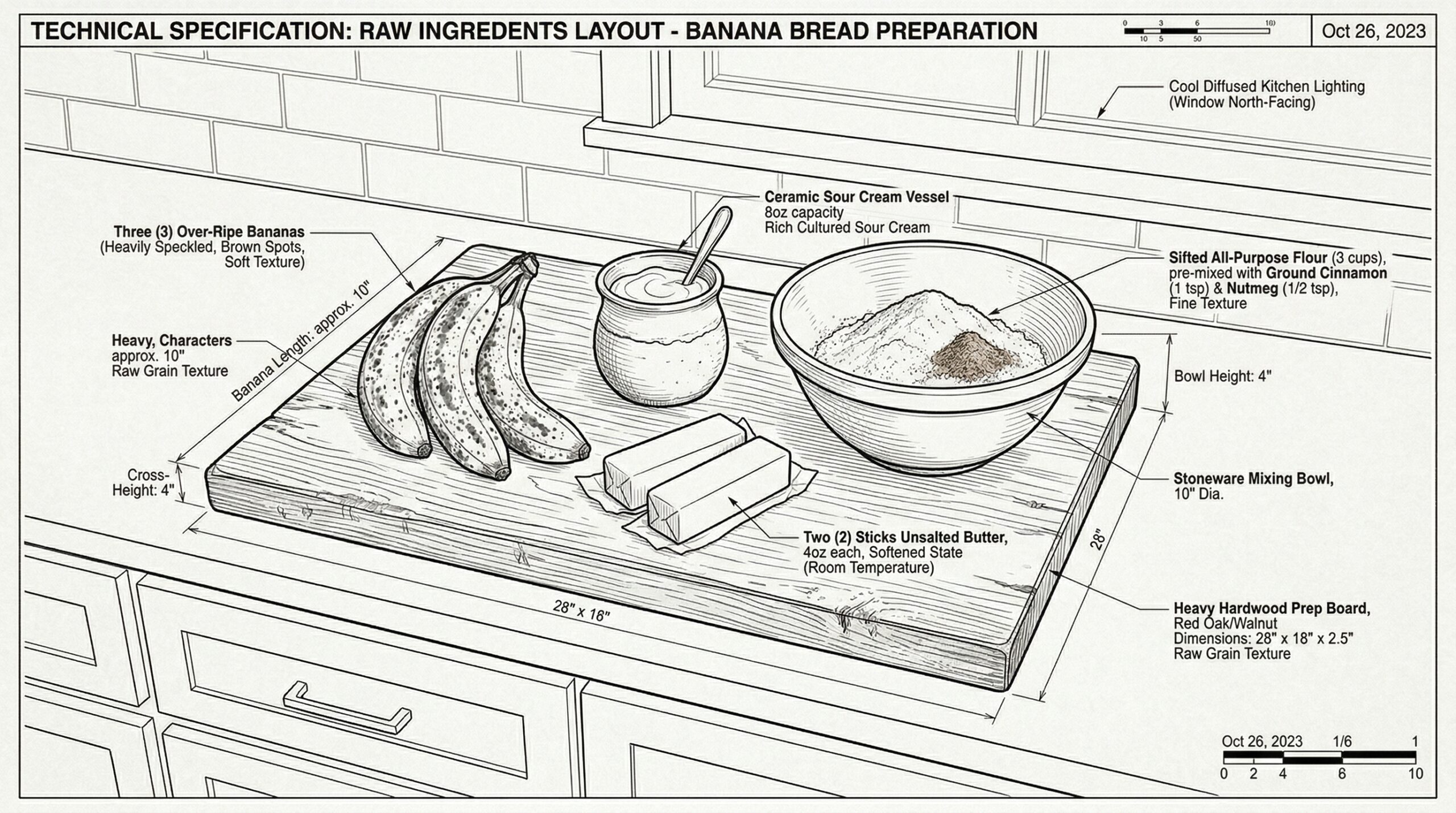 Over-ripe bananas, sour cream, and spiced flour arranged on a wooden board