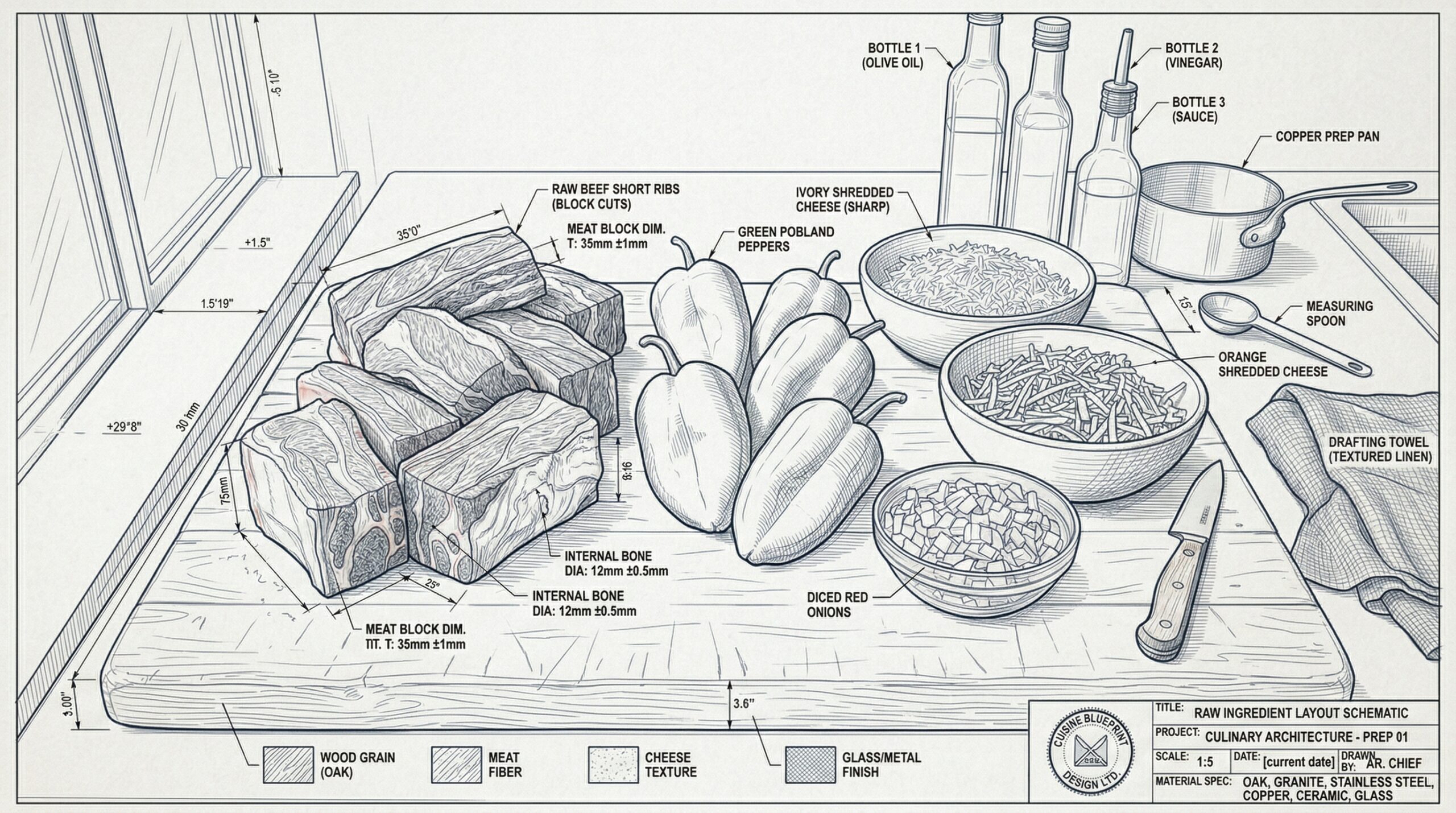 Raw beef short ribs, green poblano peppers, and grated cheese on a wooden prep board