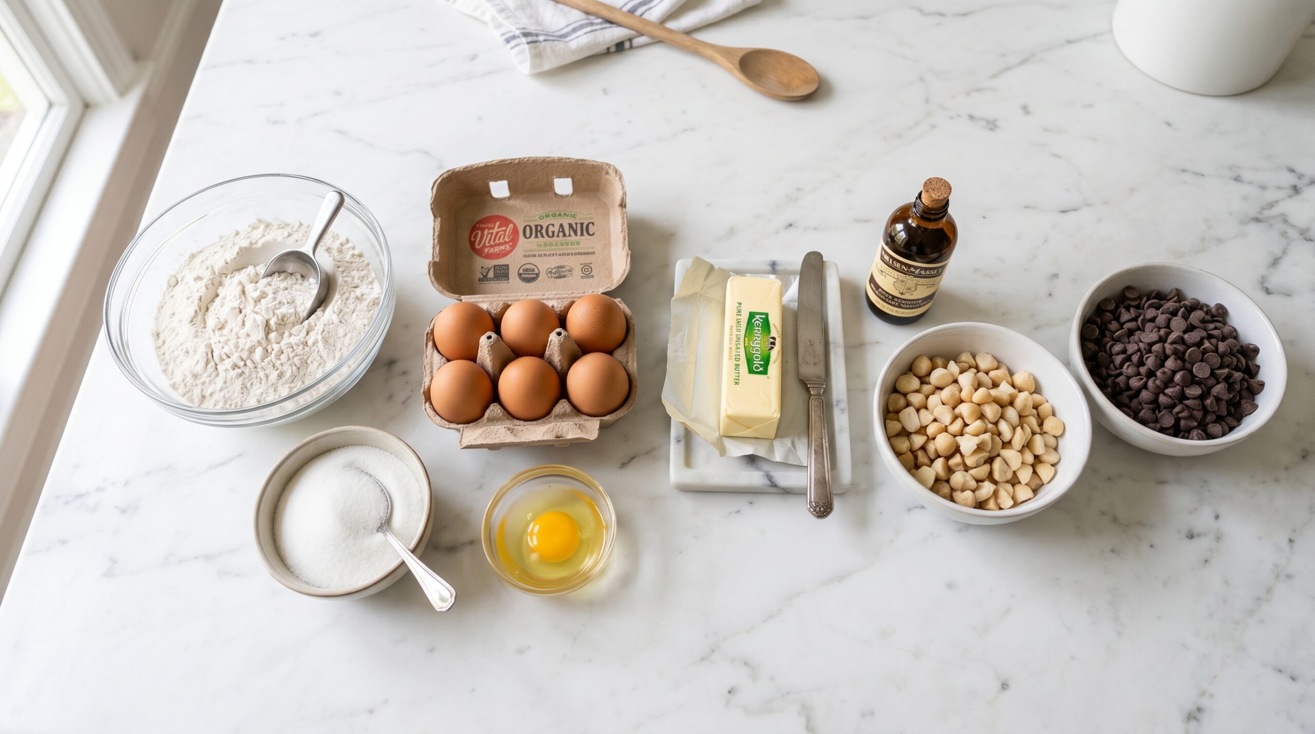 Mise-en-place flat-lay on a marble island showing flour, sugar, fresh eggs, butter, vanilla extract, chopped macadamia nuts, and semi-sweet chocolate chips