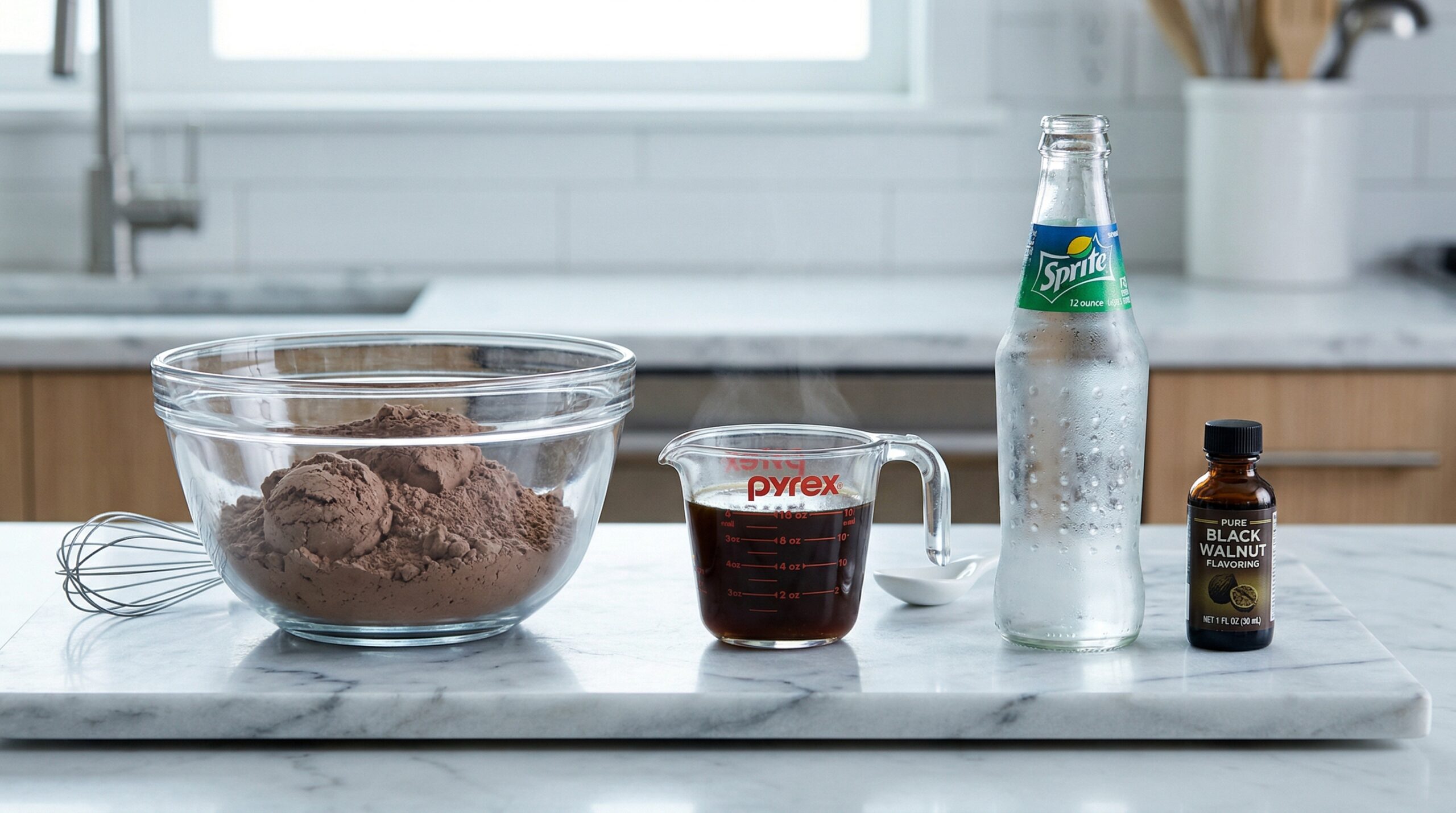 A heavy glass mixing bowl filled with dry Devil's food cake mix resting next to dark brewed coffee, clear citrus soda, and a small dark bottle of black walnut extract on a pristine marble counter