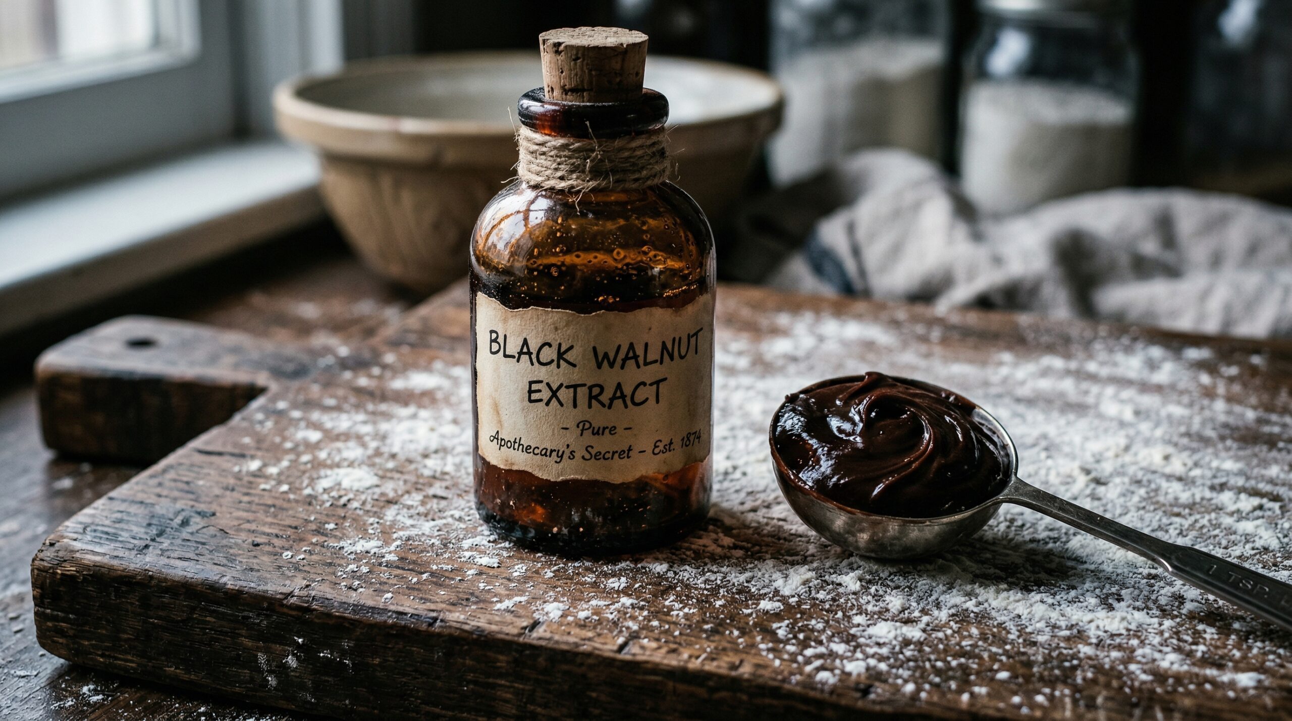 Vintage black walnut extract bottle and chocolate frosting