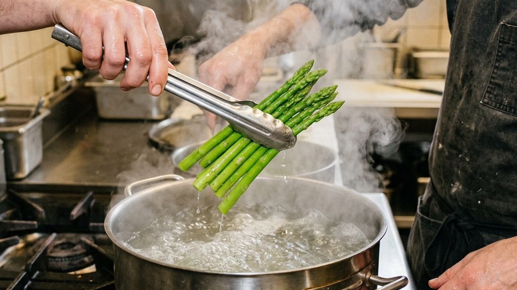 Action shot of tongs dropping bright green asparagus spears from a rolling pot of boiling water directly into a large glass bowl filled with crushed ice and water