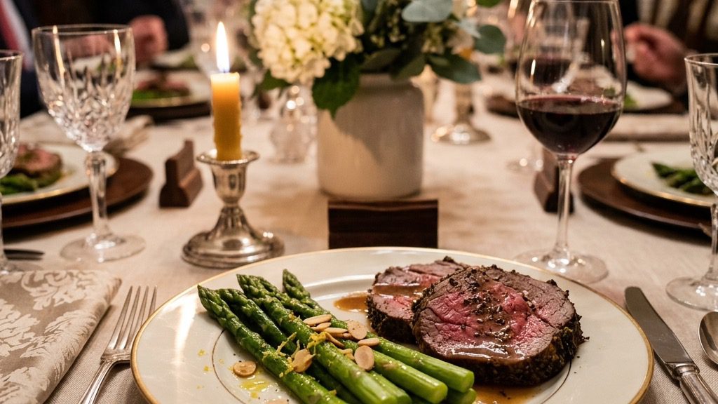 A long elegant white ceramic platter filled with the three styles of asparagus, sitting on a formal dining table surrounded by crystal wine glasses and warm candlelight