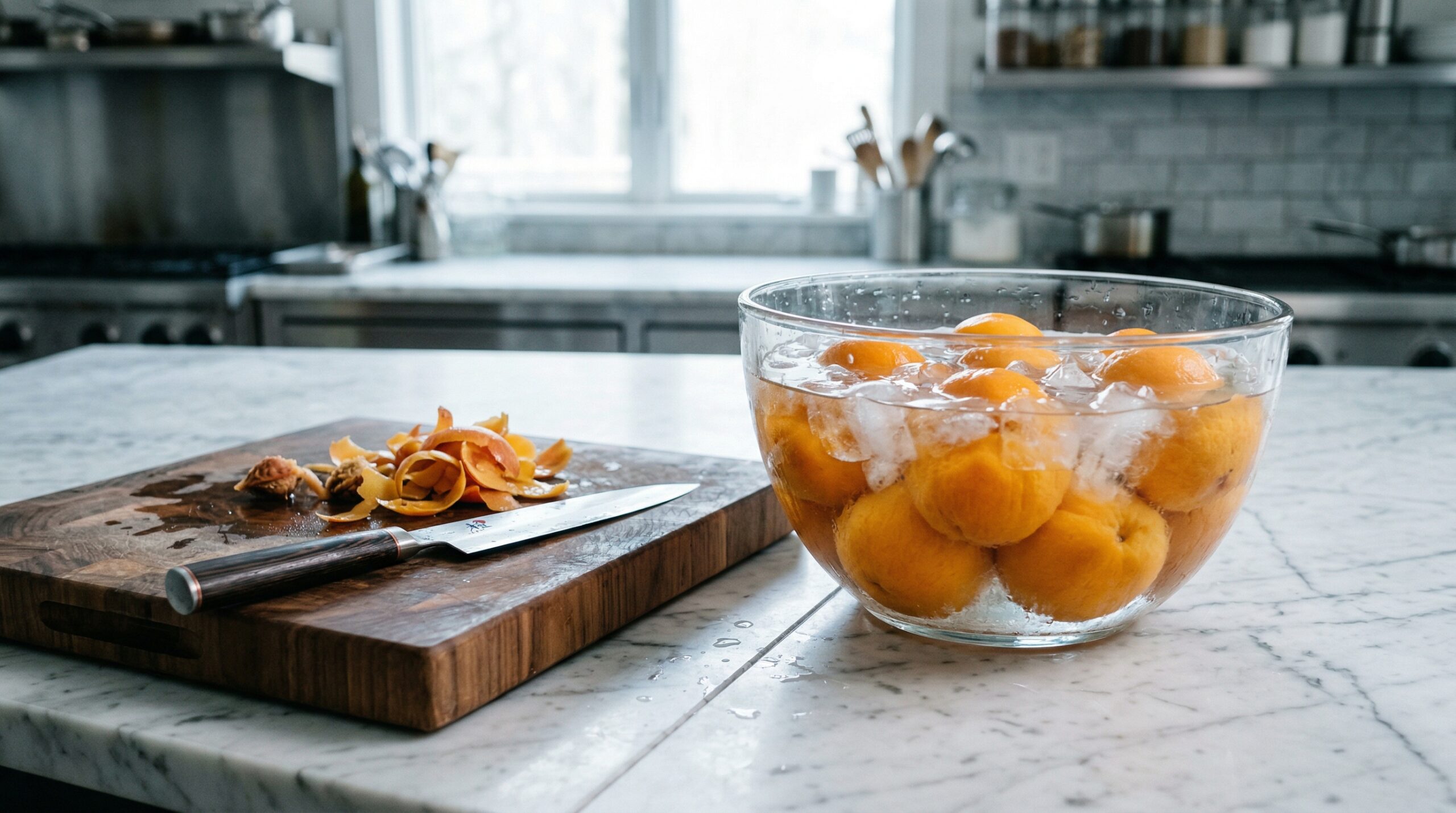 Bright orange, freshly blanched peaches resting in a crystal-clear ice water bath on a pristine marble counter