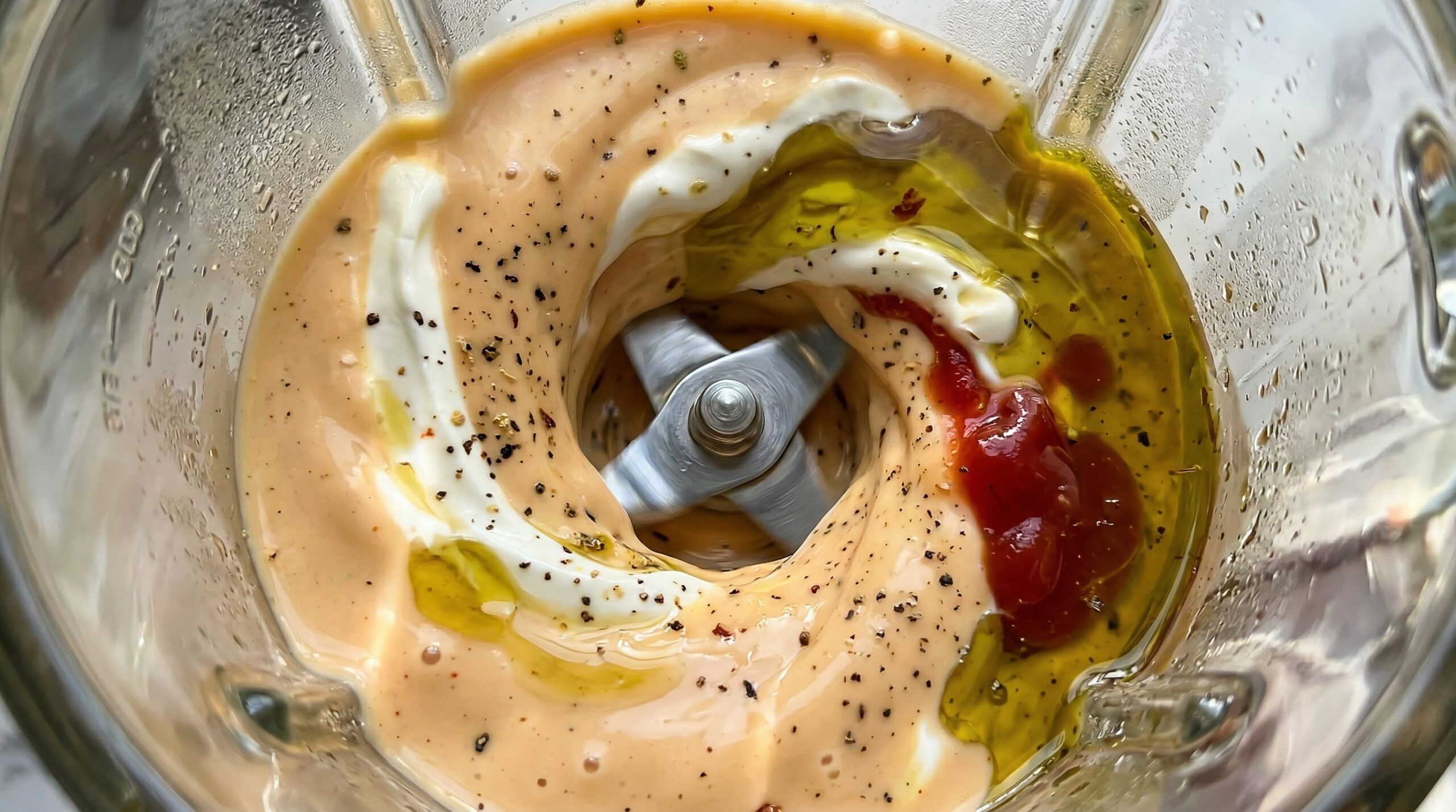 Macro detail of thick white sour cream, rich olive oil, bright red ketchup, lime juice, and spices actively whirling into a perfectly smooth, glossy dressing inside a glass blender