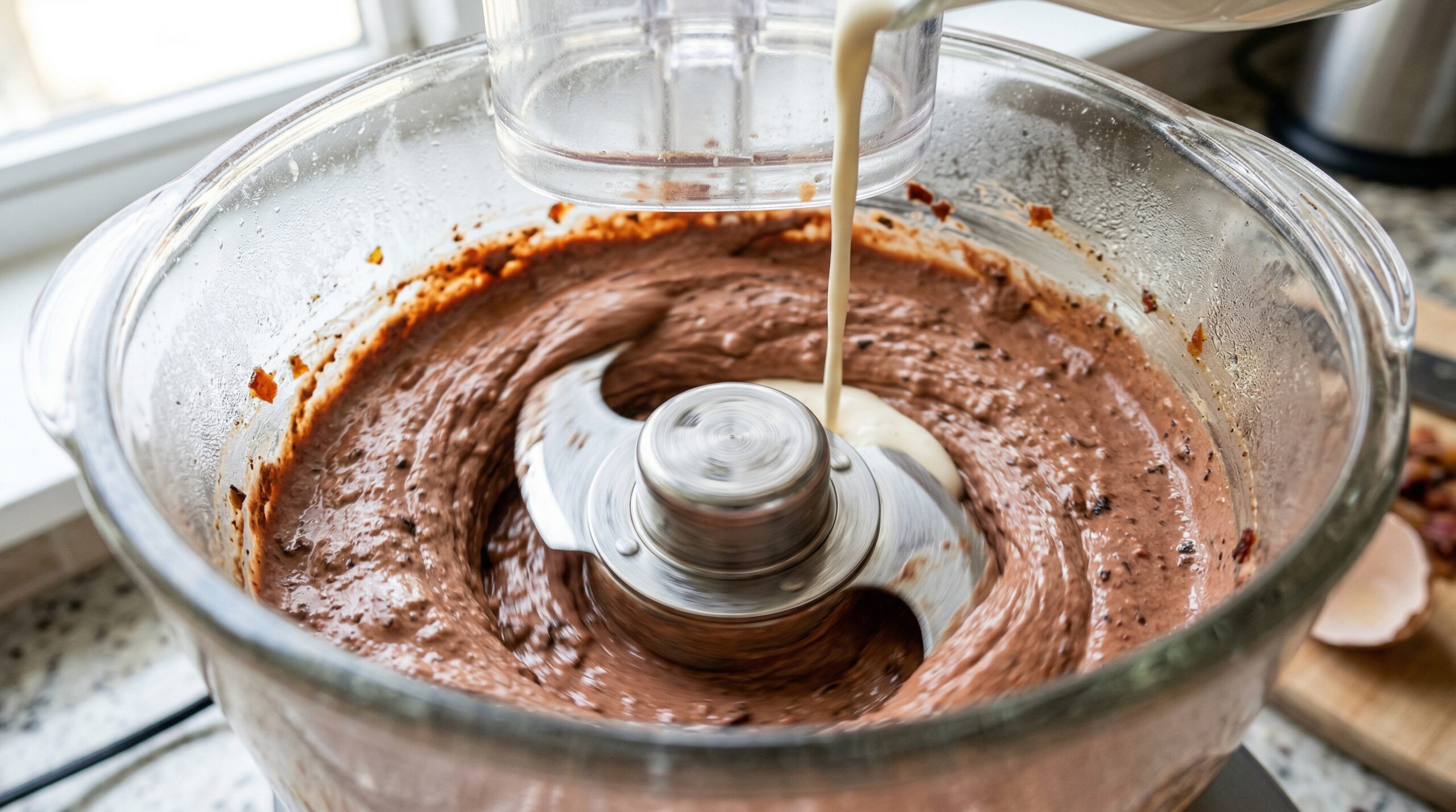 Macro detail of seared chicken livers, crisp bacon, and caramelized shallots actively whirling into a perfectly smooth, velvety mousse inside a high-capacity glass food processor bowl