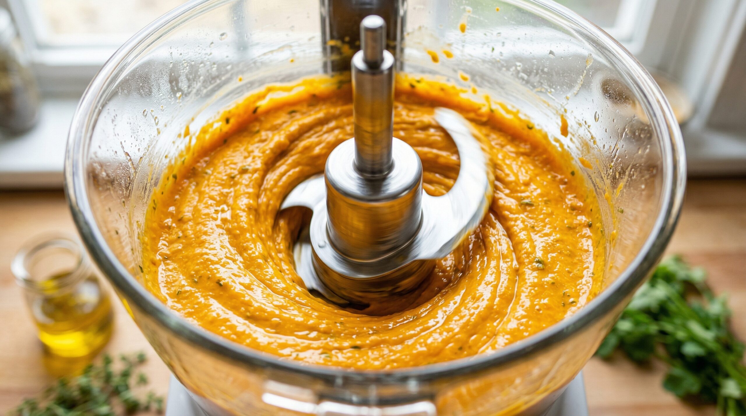 Macro detail of a highly vibrant orange paste made of chickpeas, pumpkin puree, and olive oil actively whirling into a perfectly smooth hummus inside a food processor