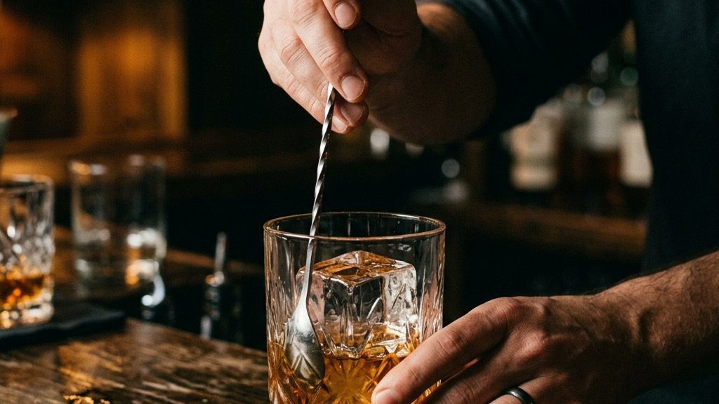 Action shot of hands using a long metal bar spoon to gently stir amber bourbon and a massive clear ice cube