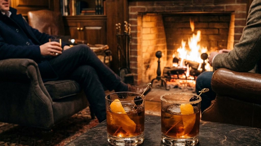 A sophisticated sitting room setting by a warm glowing fireplace with two heavy rocks glasses filled with dark amber Old Fashioneds