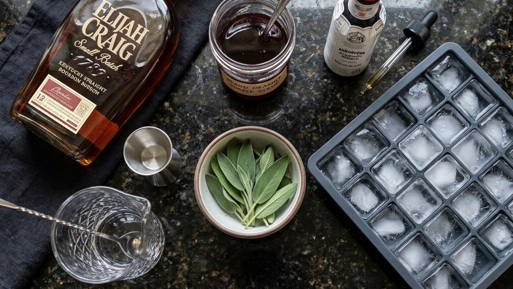 Mise-en-place overhead flatlay of cocktail ingredients: premium Kentucky bourbon, blood orange simple syrup, fresh sage leaves, and Angostura bitters