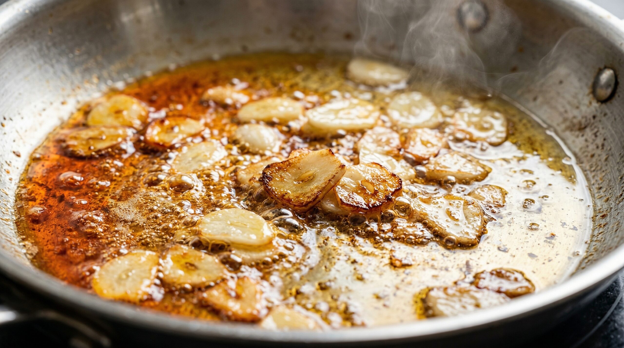 Macro detail of thin slices of raw garlic actively simmering and bubbling in a shallow pool of hot olive oil and sun-dried tomato oil