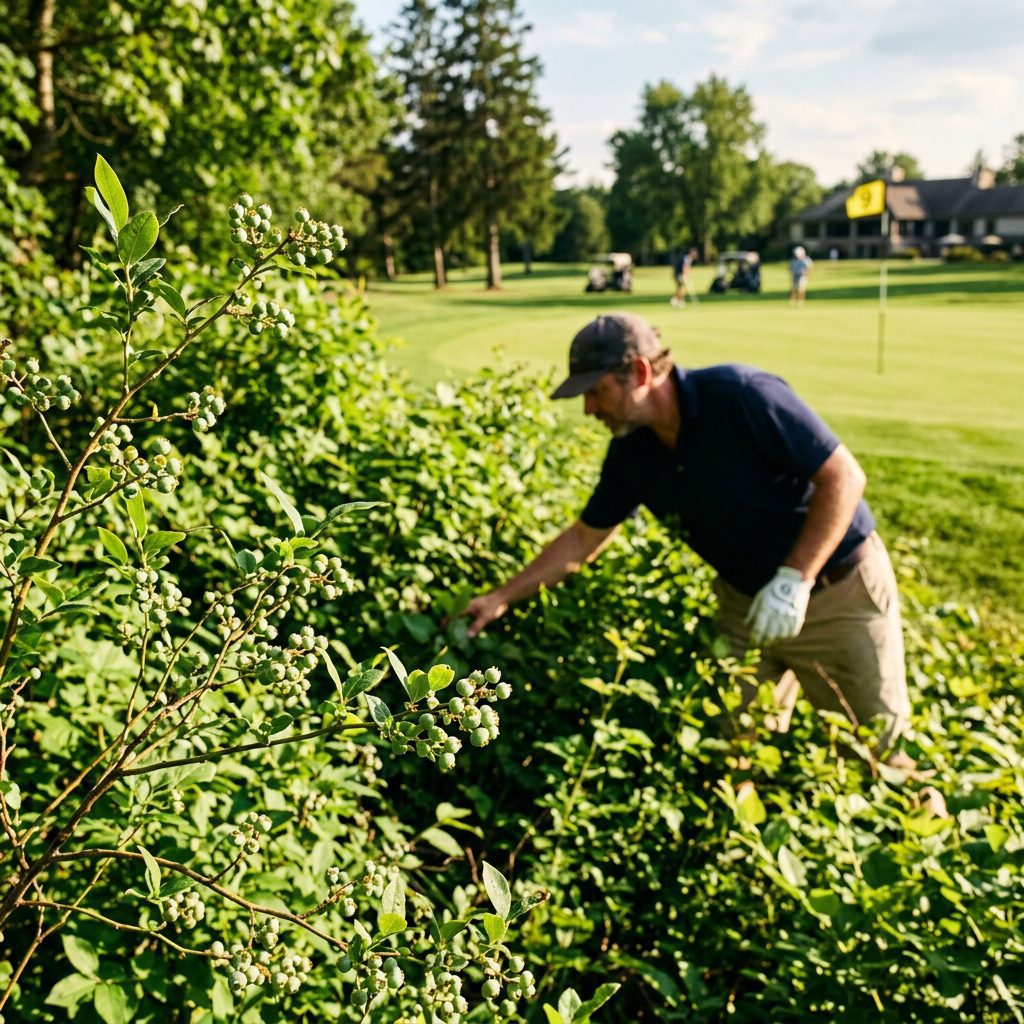 An amateur golfer searching through lush green bushes looking for a lost golf ball just off the ninth green, surrounded by budding wild blueberries.