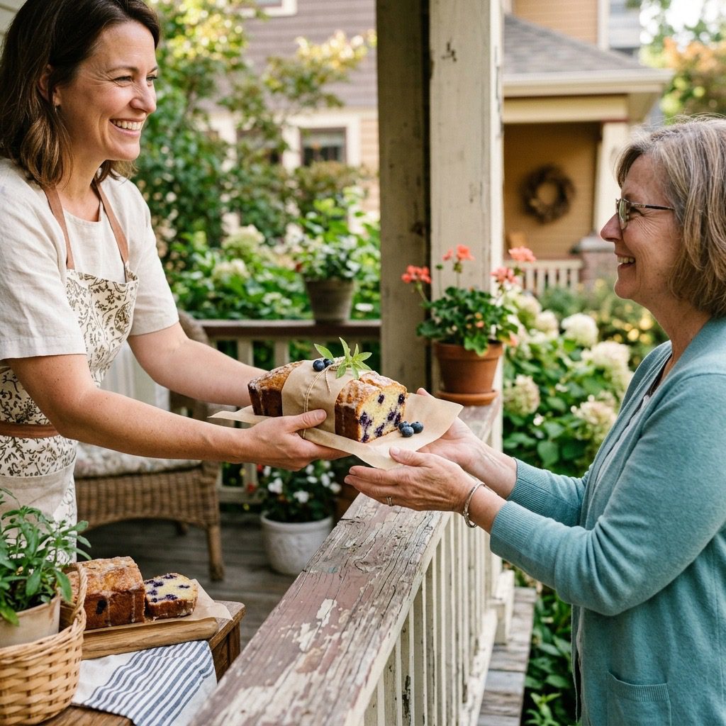 A warm, inviting lifestyle shot of someone handing half of a freshly baked blueberry-lemon sour cream loaf cake to a neighbor's hand across a wooden porch railing, focusing on kindness and giving.