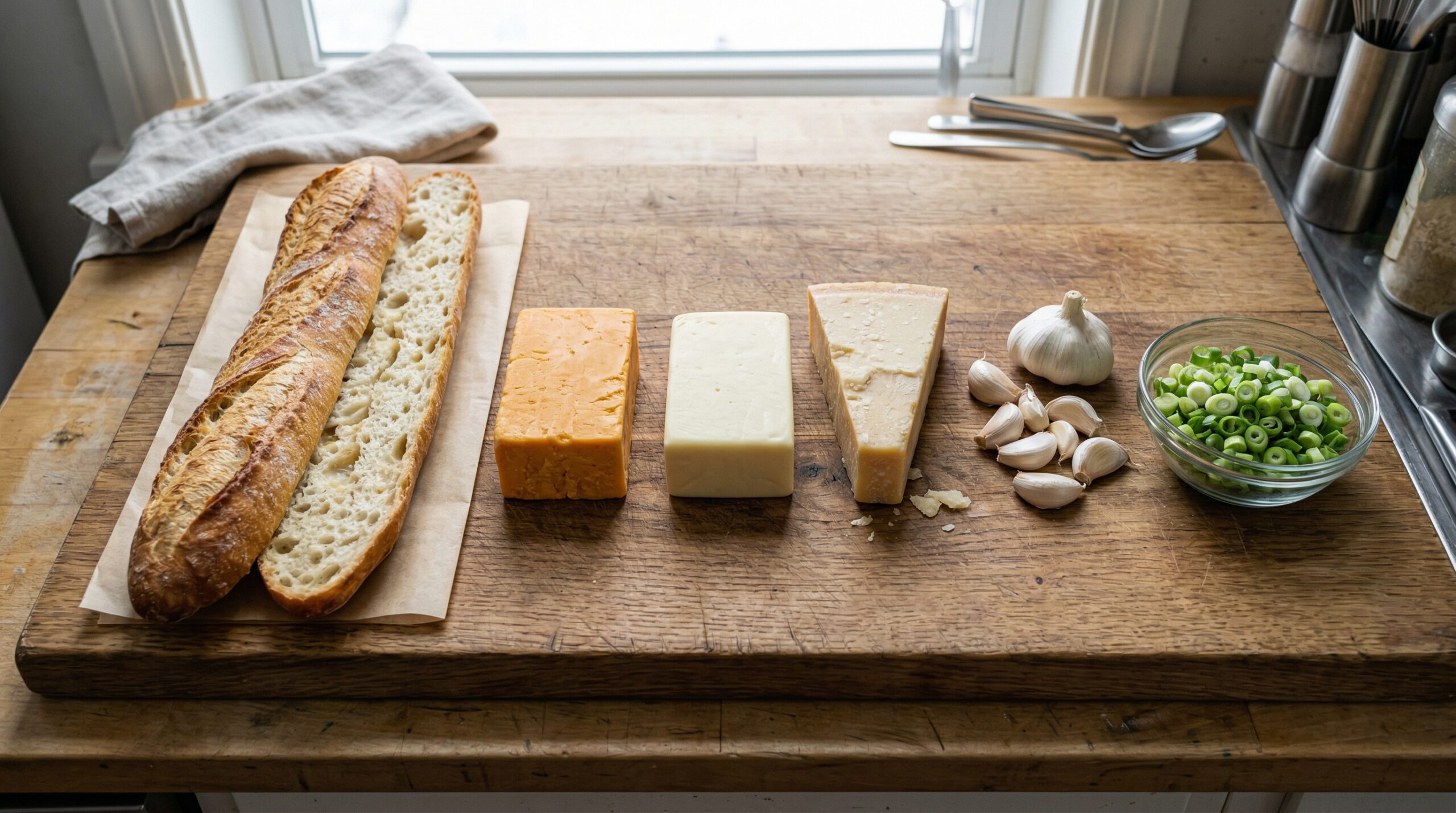 French bread, various cheeses, garlic cloves, and green onions on a wooden prep board