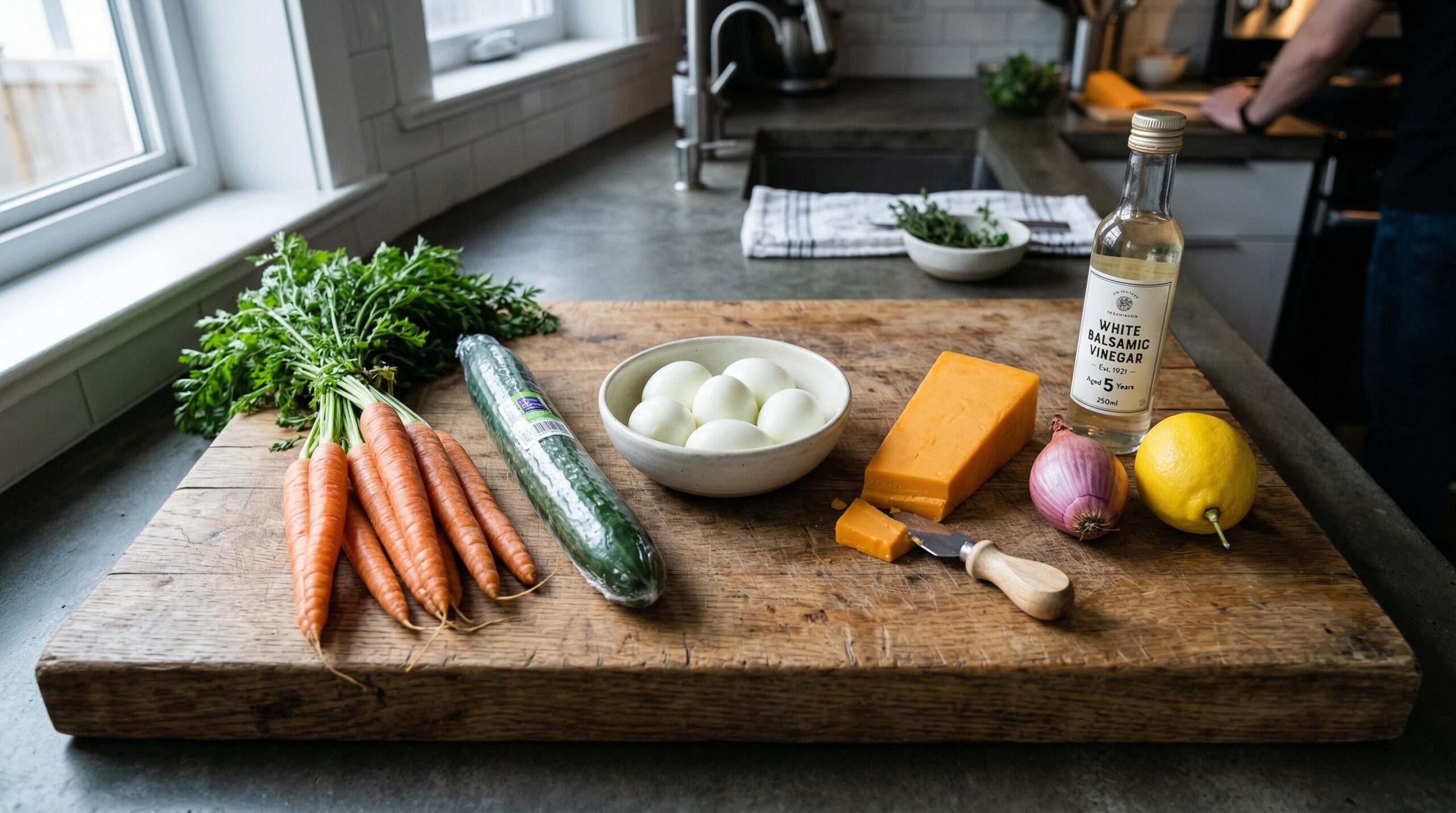 Carrots, cucumbers, eggs, and white balsamic vinaigrette materials on a wooden board