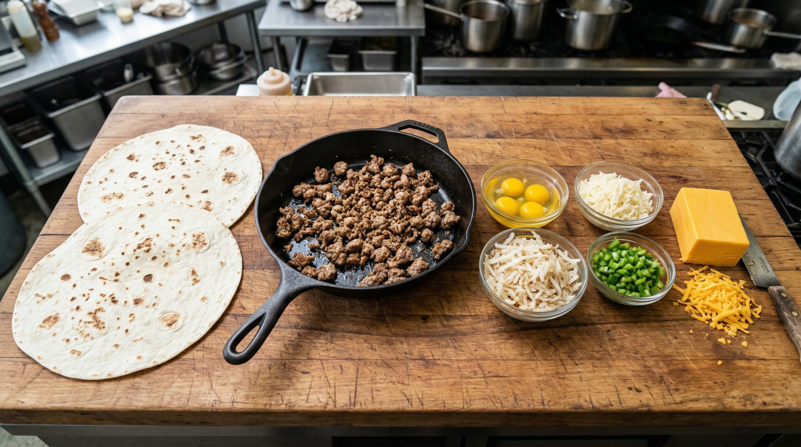 Two large fresh flour tortillas resting next to a heavy cast-iron skillet holding cooked sausage, shredded hash browns, and freshly cracked eggs on a wooden prep board
