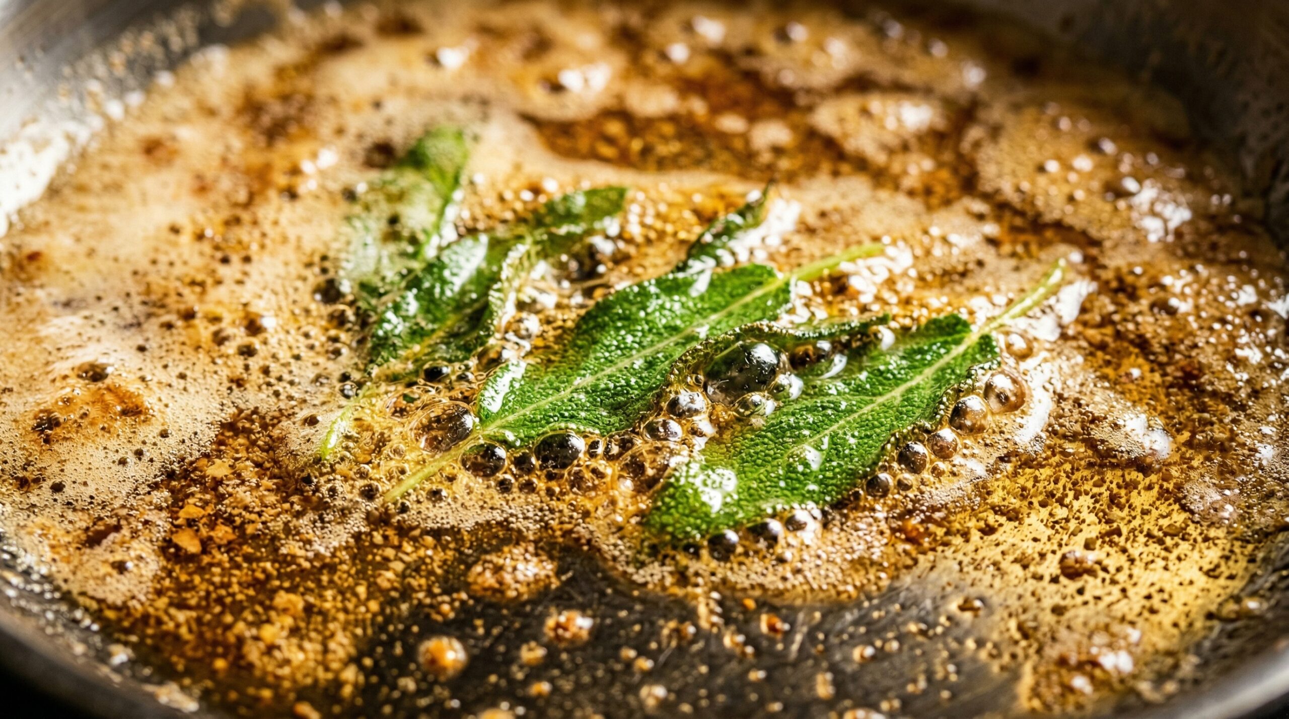 Macro detail of rich butter actively melting and frothing into a deeply golden, nutty brown butter with fresh crisping sage leaves inside a stainless steel skillet