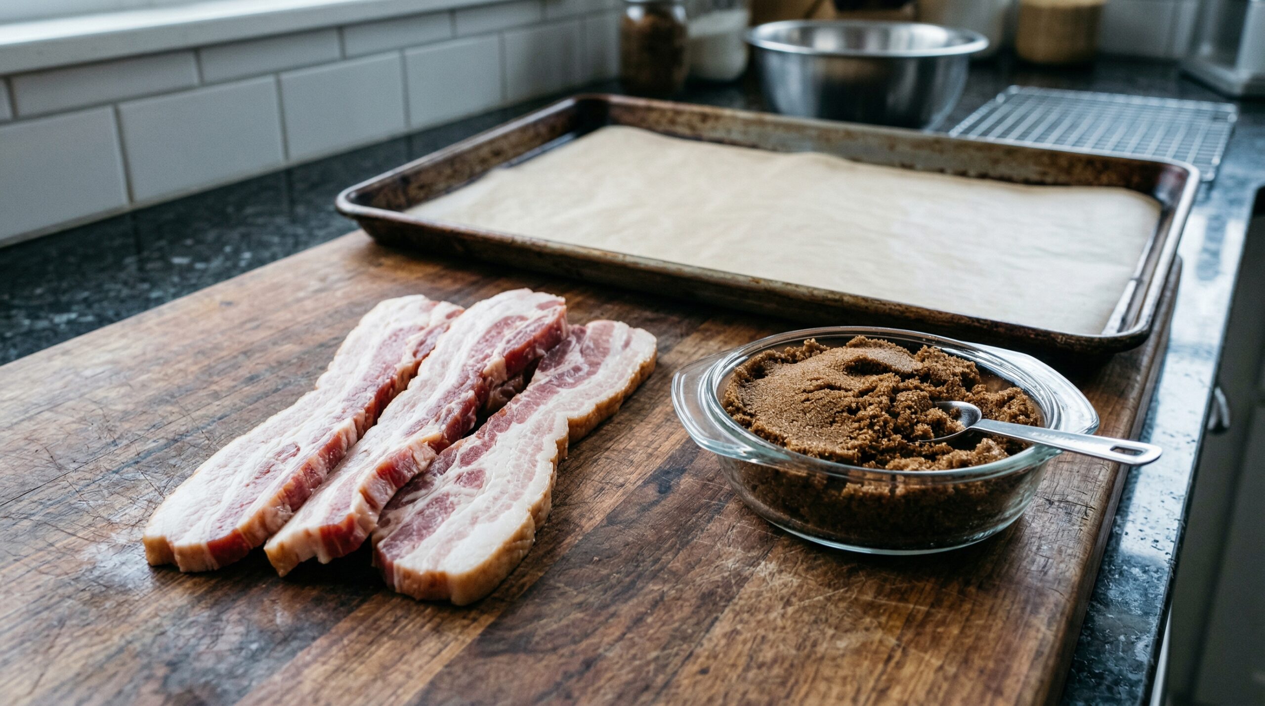 Thick-cut, raw center-cut bacon strips resting next to a shallow glass dish filled with packed dark brown sugar on a wooden prep board