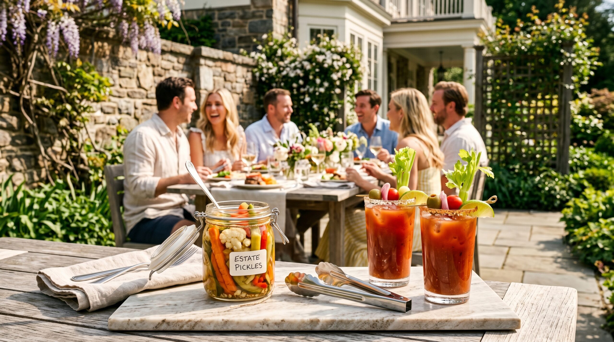 Elegant outdoor estate patio during a sunny weekend brunch with couples laughing in the background, an open jar of pickles and Bloody Marys in the foreground