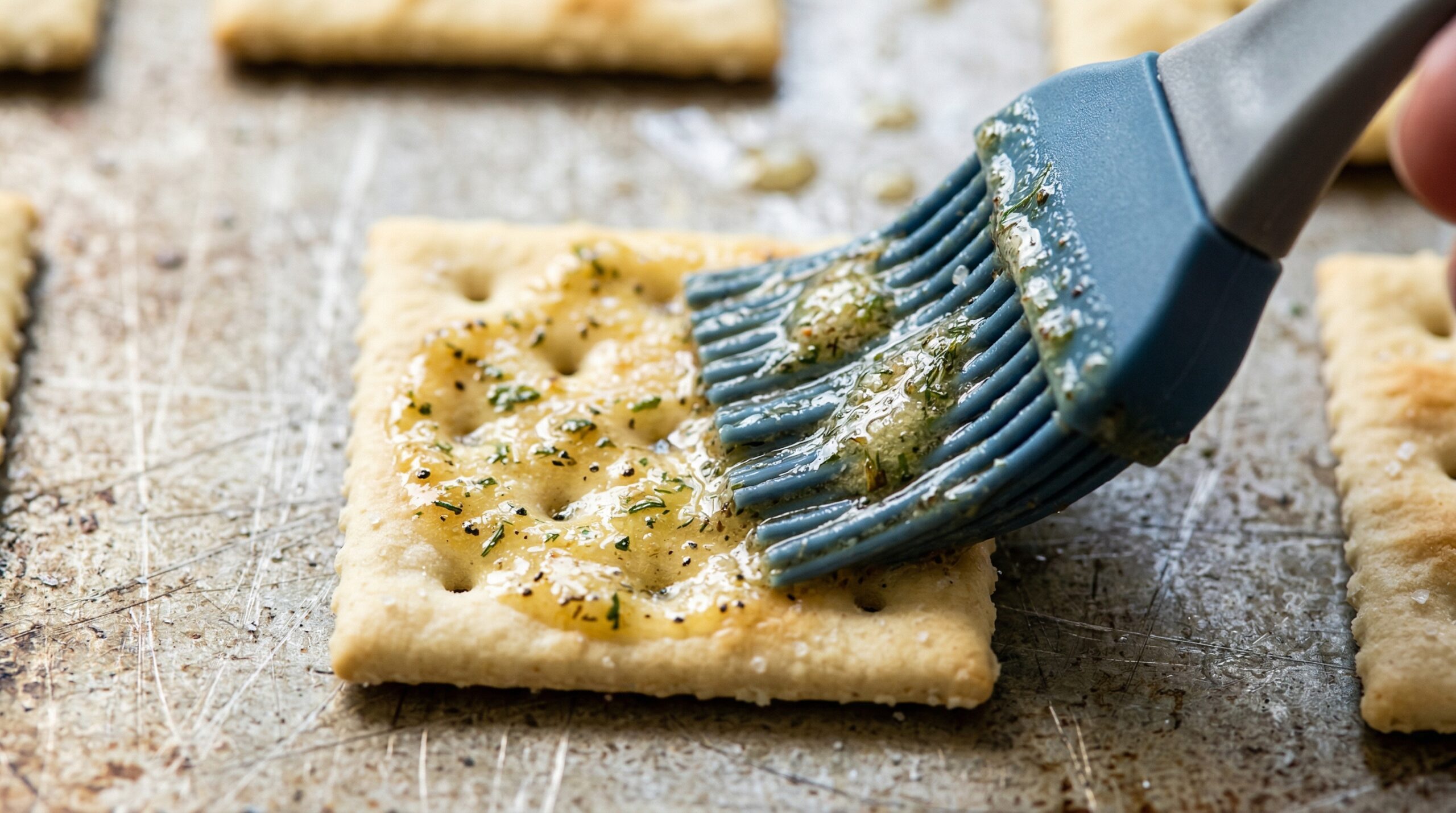 Macro detail of a professional silicone pastry brush actively sweeping a thick, herb-flecked, melted butter and ranch seasoning mixture across a dry, porous soda cracker