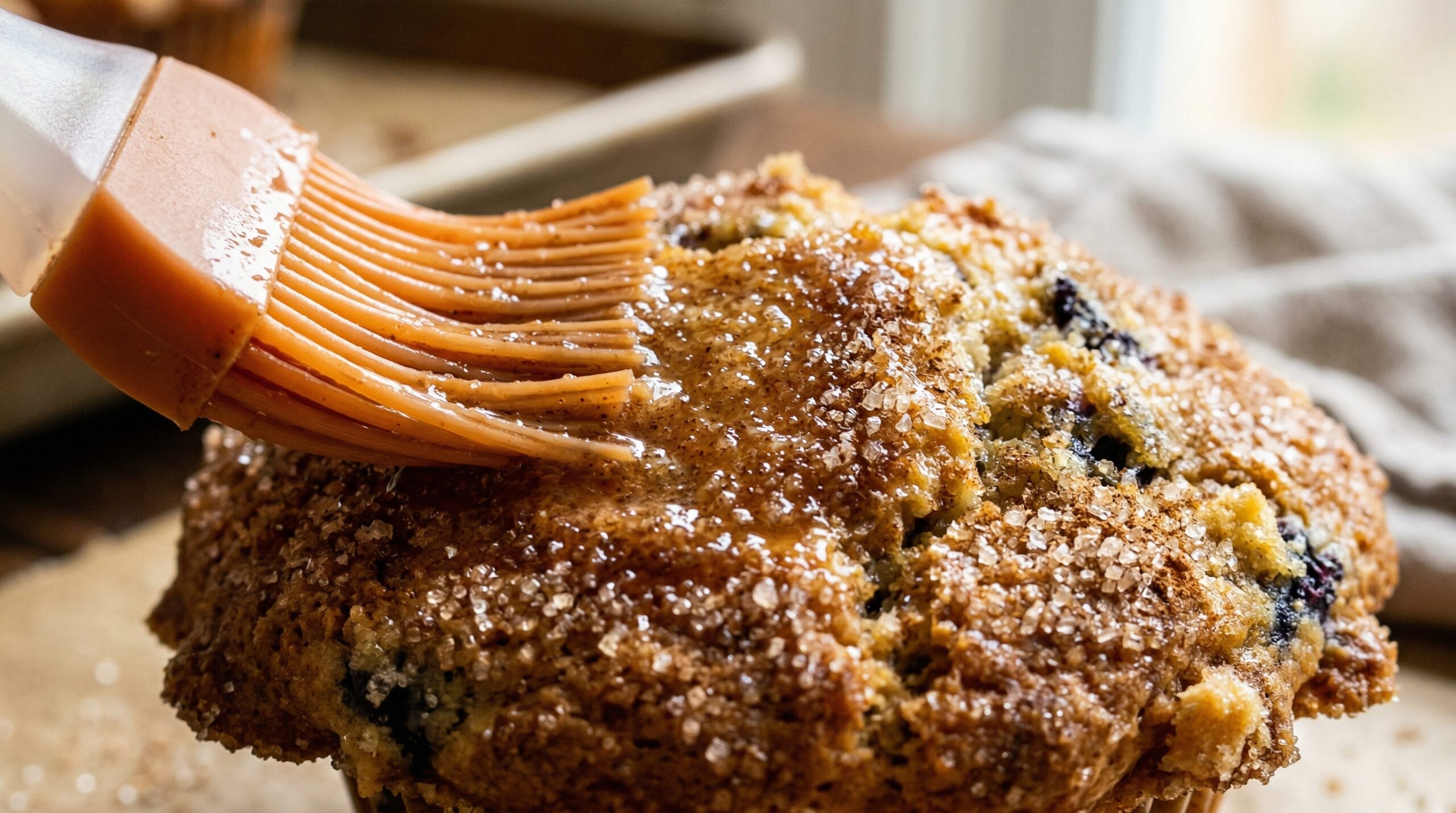 Macro detail of a silicone pastry brush actively sweeping melted butter over a golden baked muffin before being dusted with coarse cinnamon sugar