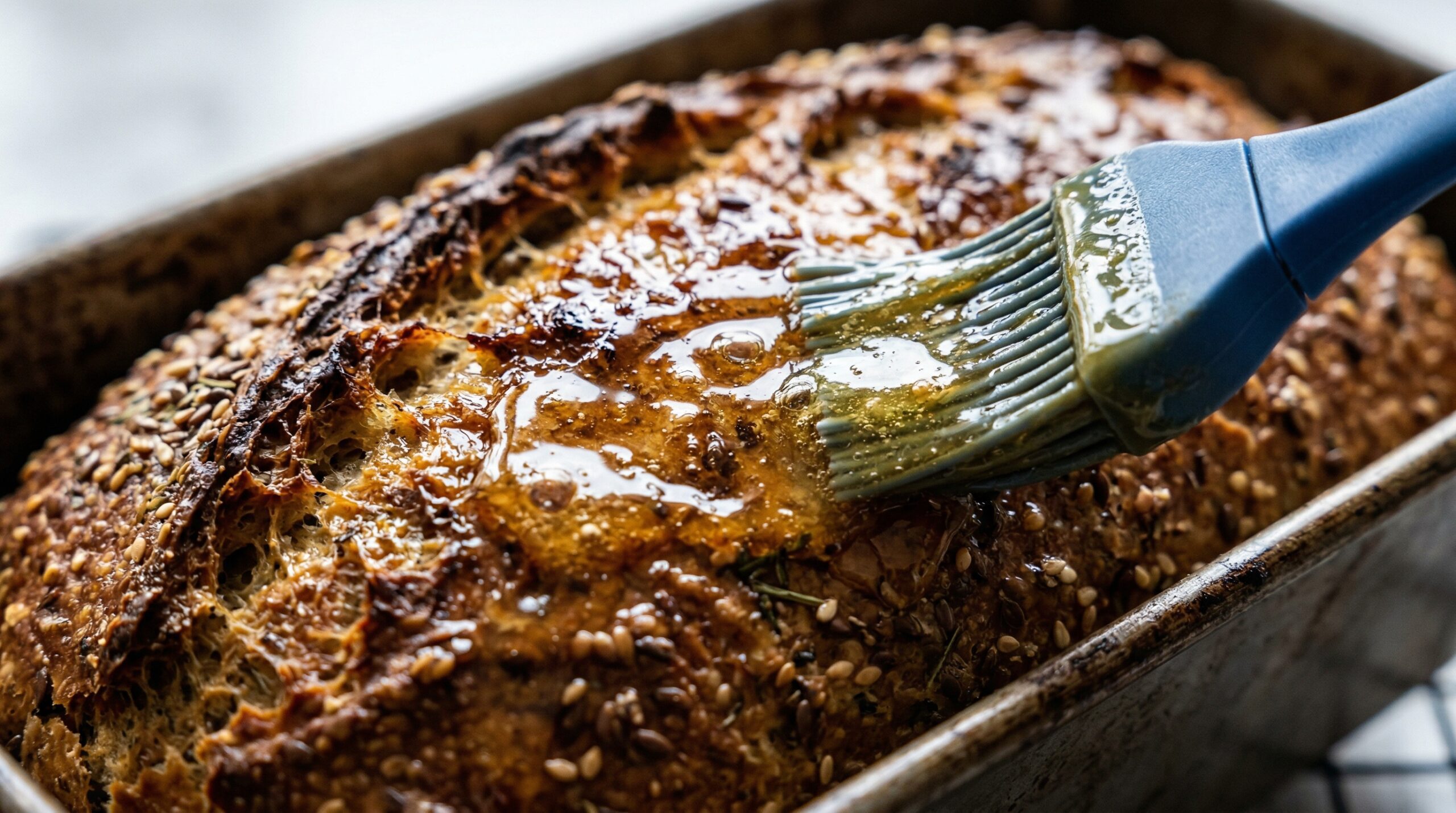 Macro detail of a professional silicone pastry brush actively sweeping a thick, glossy mixture of melted butter and golden honey over the deeply browned, cracked crust of a freshly baked savory loaf