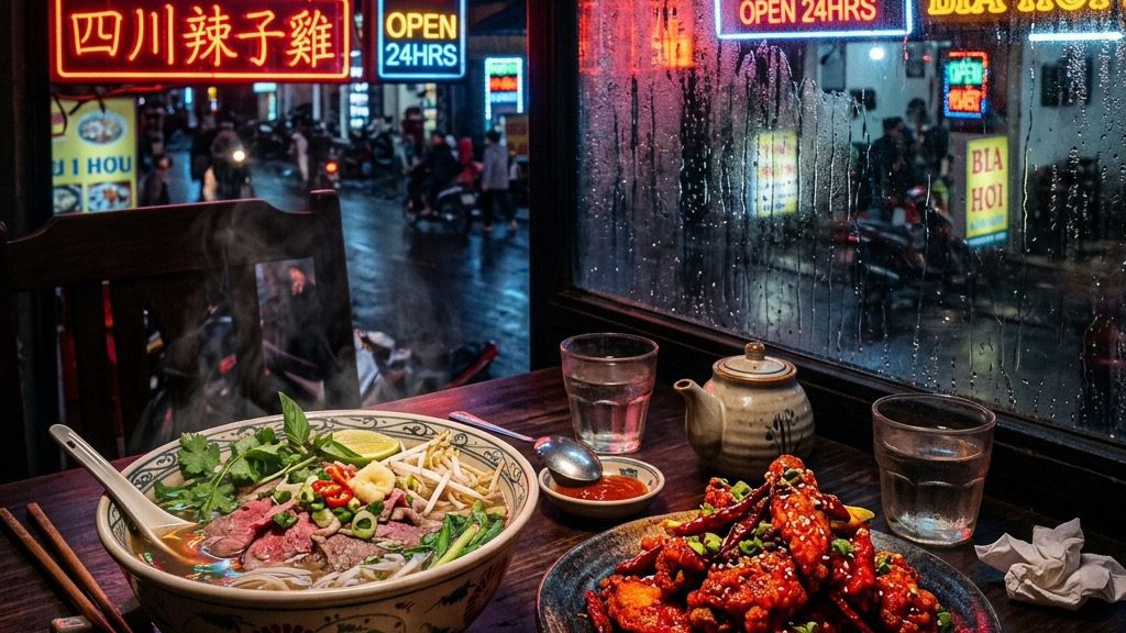 High-end food photography of a steaming bowl of Vietnamese Pho soup and Szechuan chicken wings illuminated by glowing neon street signs.
