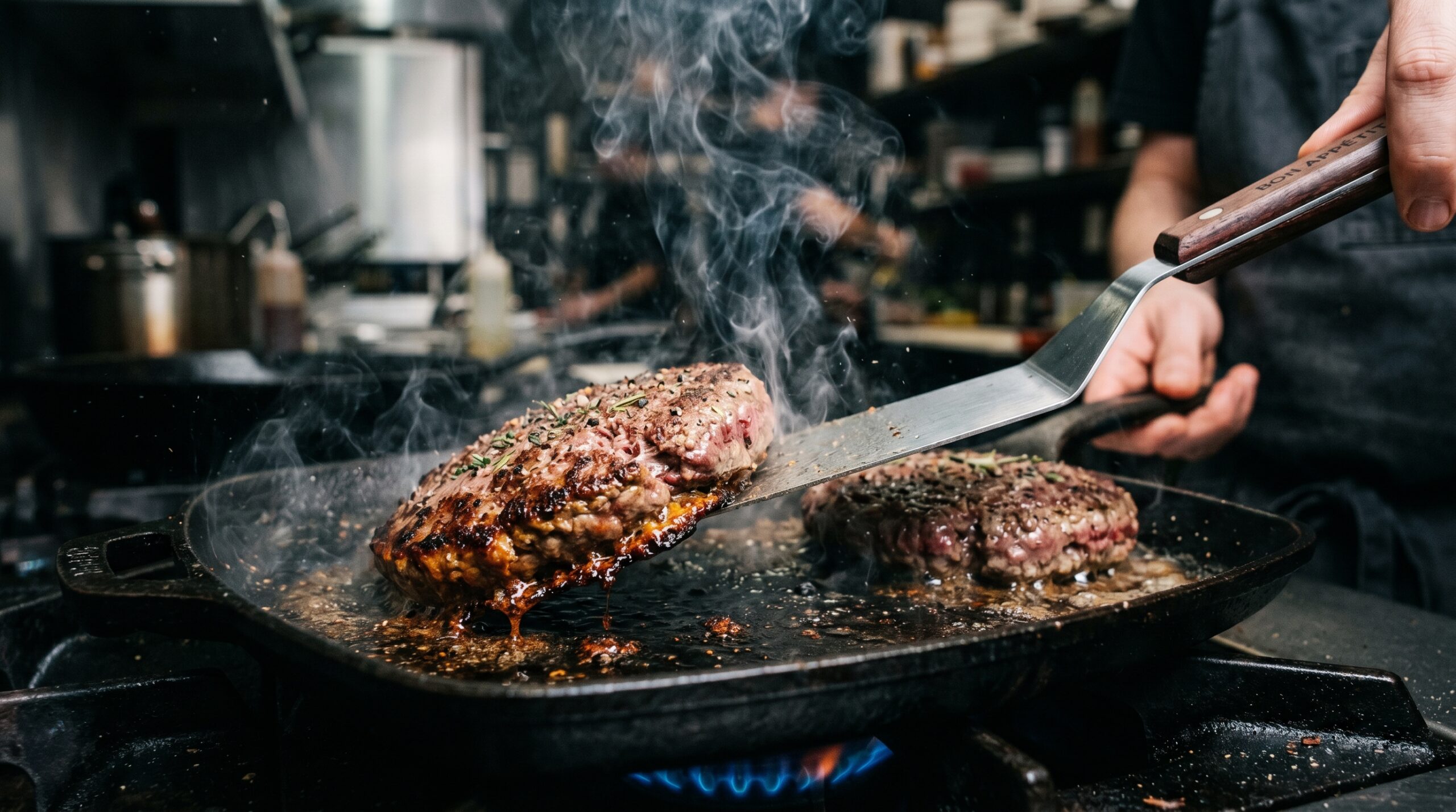 Action shot of a sleek metal culinary spatula pressing under a searing, heavily crusted beef patty on a smoking-hot cast-iron grill pan