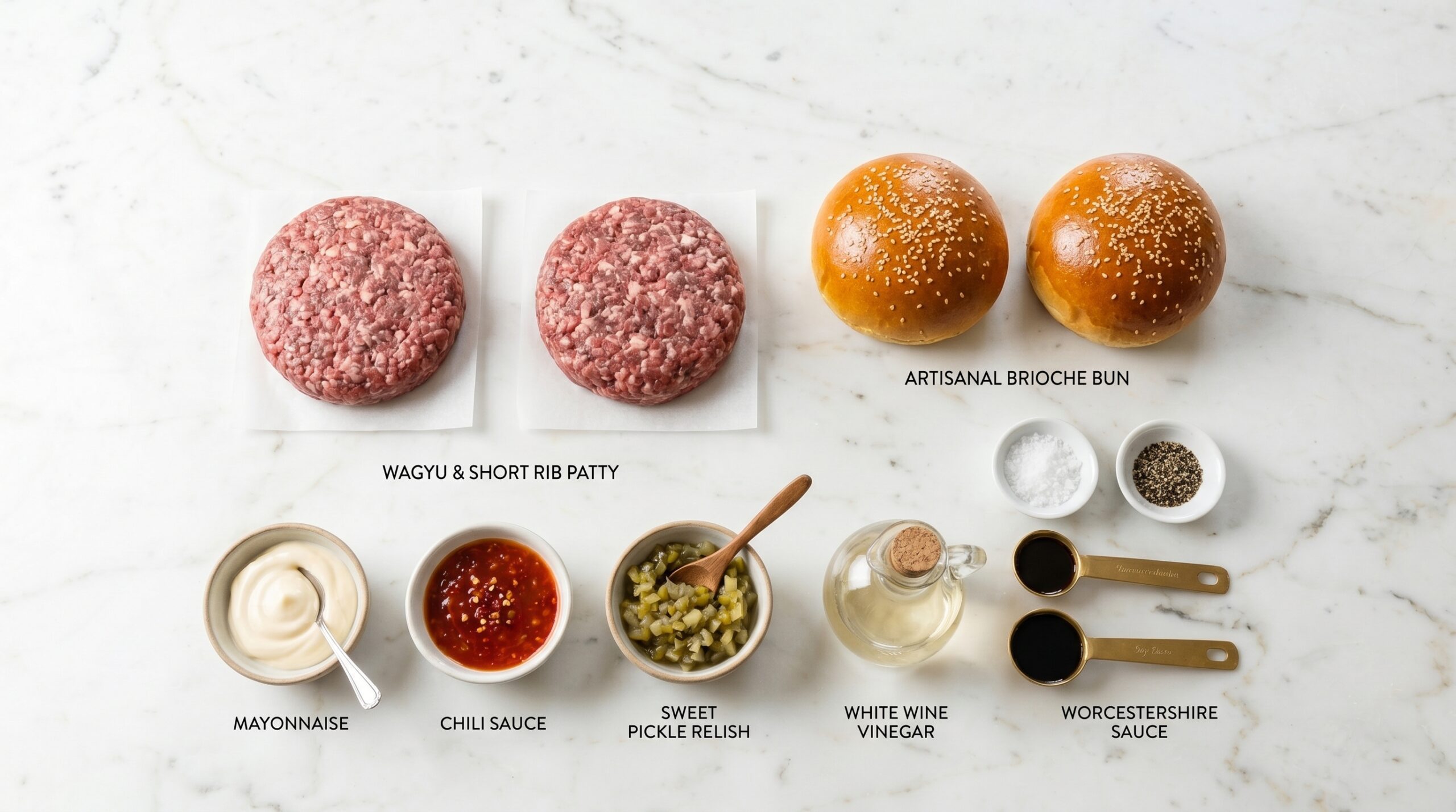 Mise-en-place flat-lay on a marble island showing raw ground brisket, brioche buns, mayonnaise, chili sauce, sweet pickle relish, and seasonings