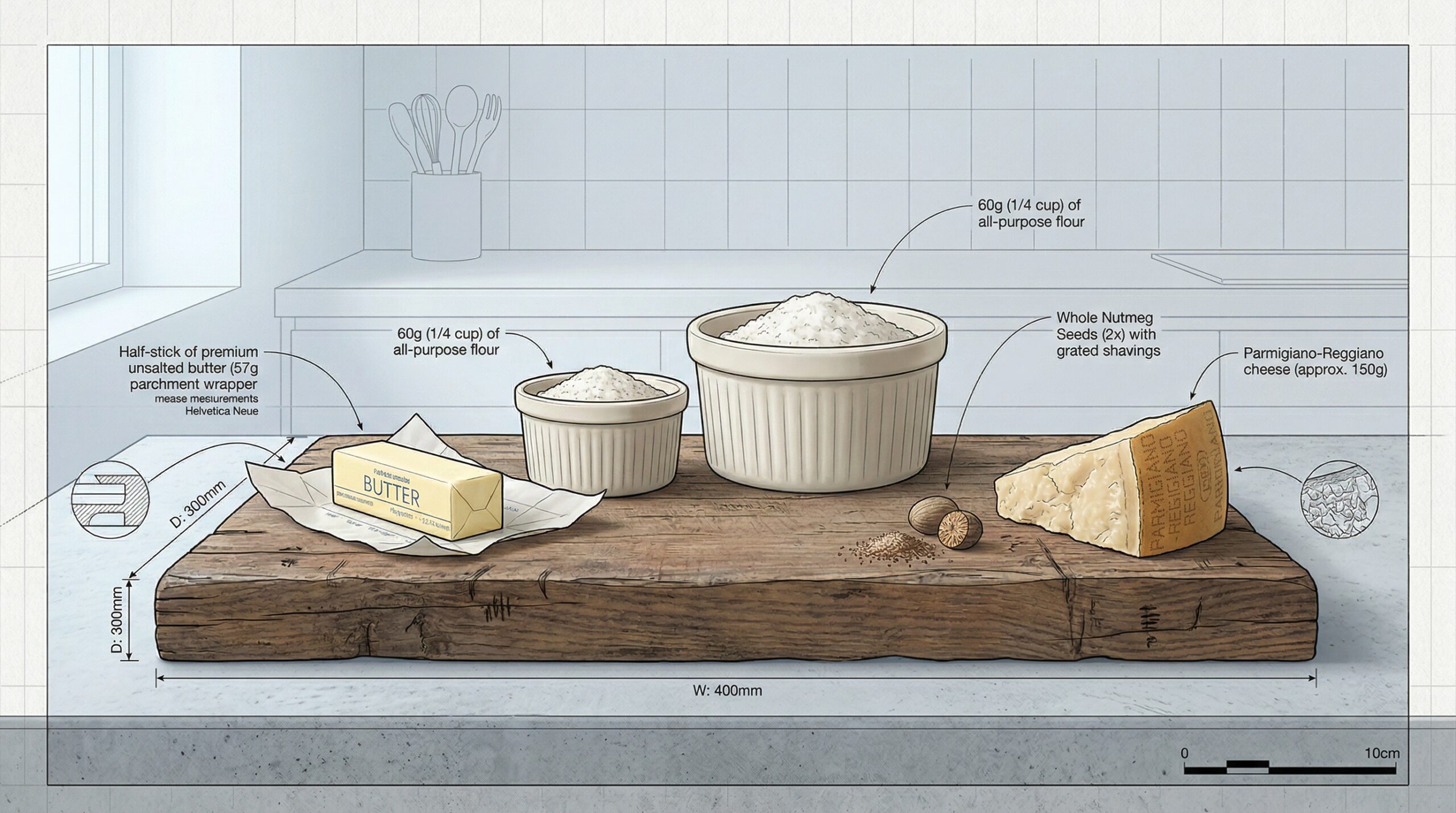 A half-stick of premium unsalted butter resting next to a small ceramic dish of all-purpose flour, whole milk, a nutmeg seed, and Parmesan cheese on a wooden prep board