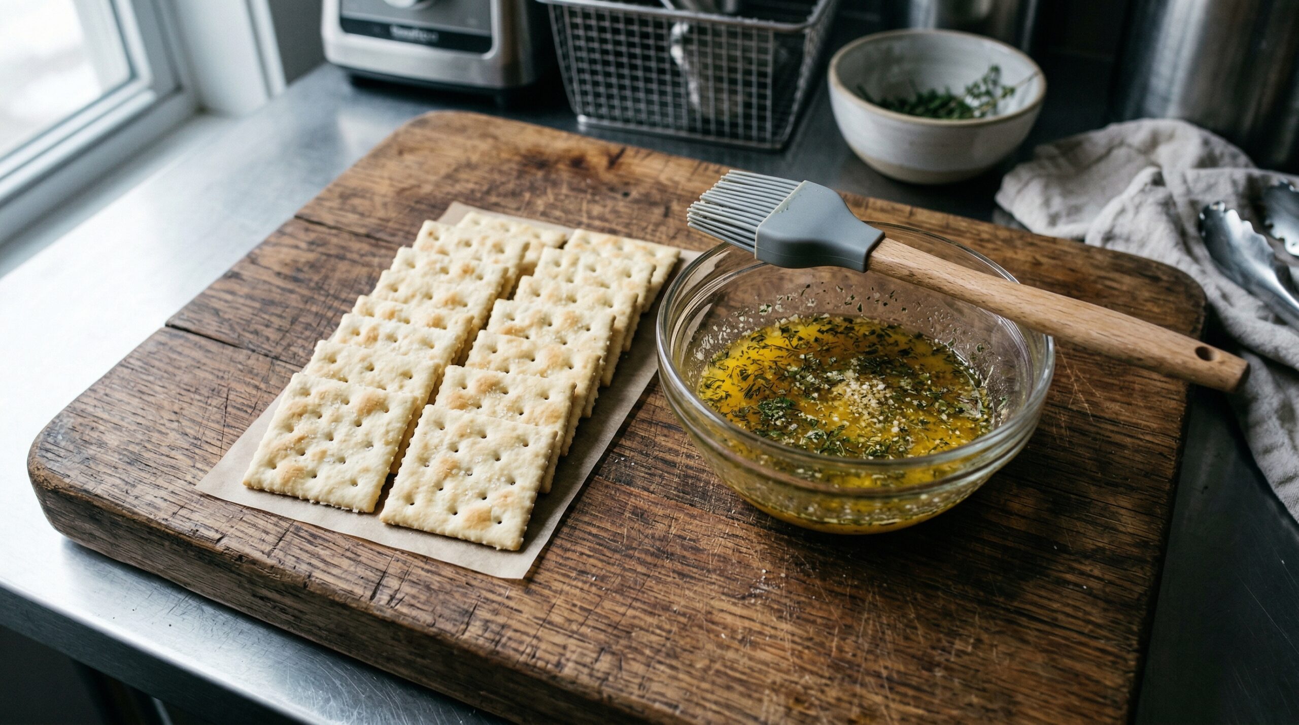 A sleeve of pale, plain square soda crackers laid out next to a small glass bowl filled with melted, golden butter mixed with dried herbs and ranch seasoning