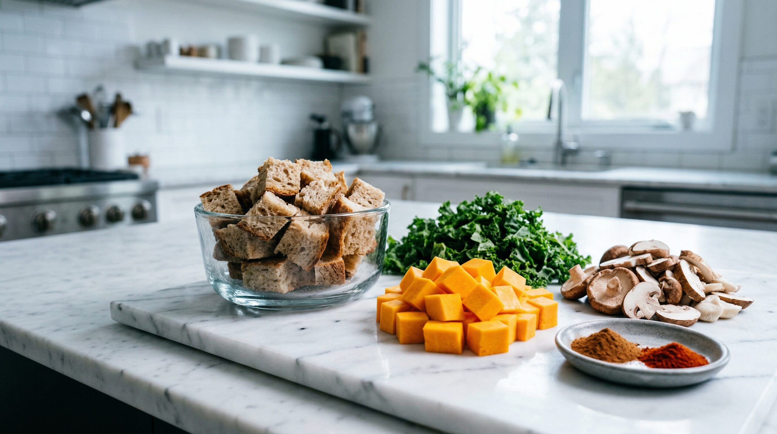 Thick cubes of day-old bread resting next to peeled, vibrant orange butternut squash cubes, freshly chopped green kale, and sliced wild mushrooms on a pristine marble counter