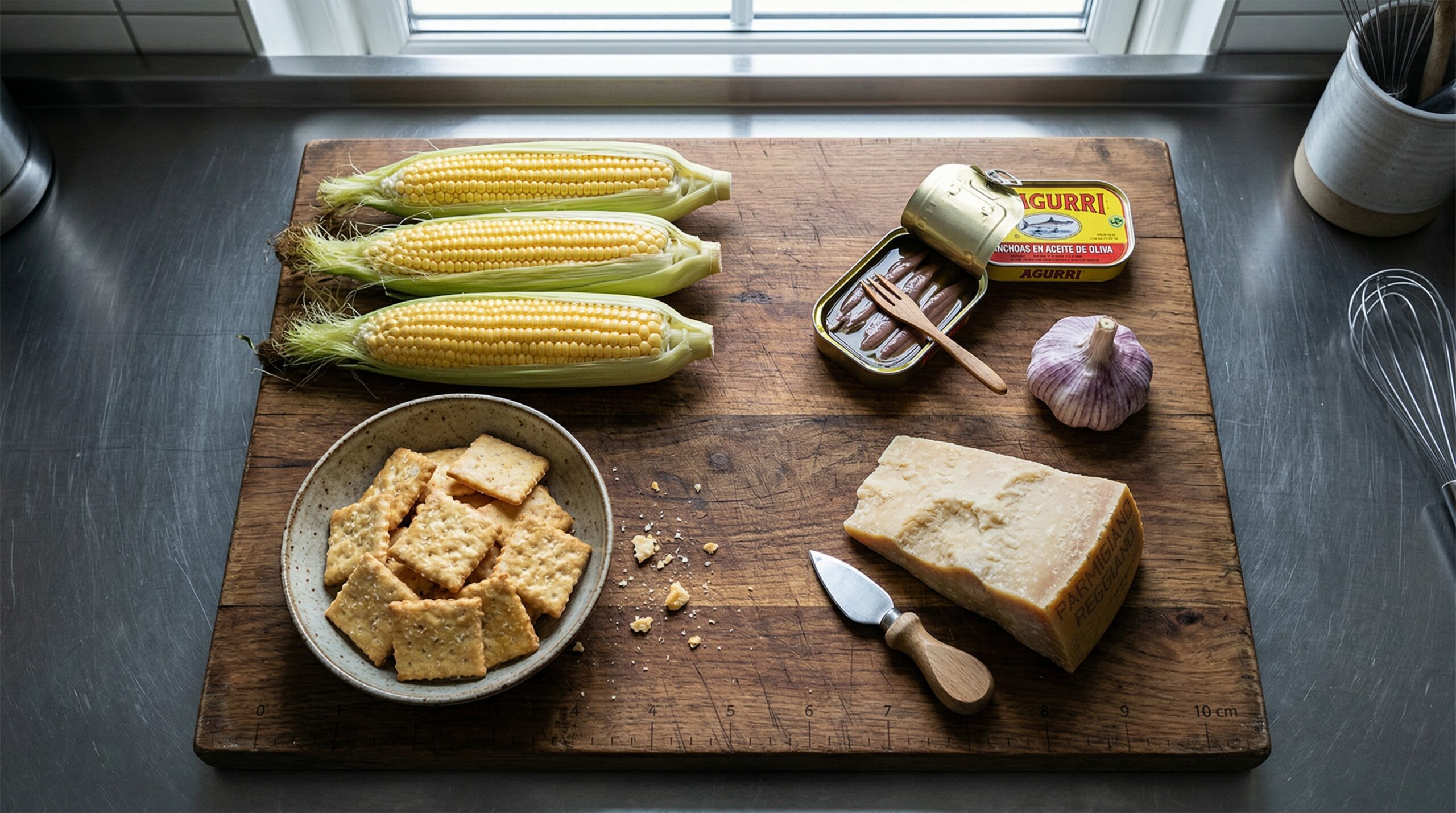Whole ears of corn, anchovies, garlic, and butter crackers on a wooden prep board