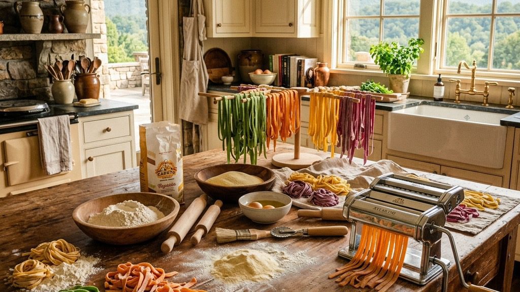 An architectural masterpiece shot of an elegant Southern mountain estate kitchen. The rustic wooden island is beautifully cluttered with gleaming metal pasta machines, mountains of flour, and vibrant, freshly cut ribbons of bright green, orange, and purple homemade raw pasta.