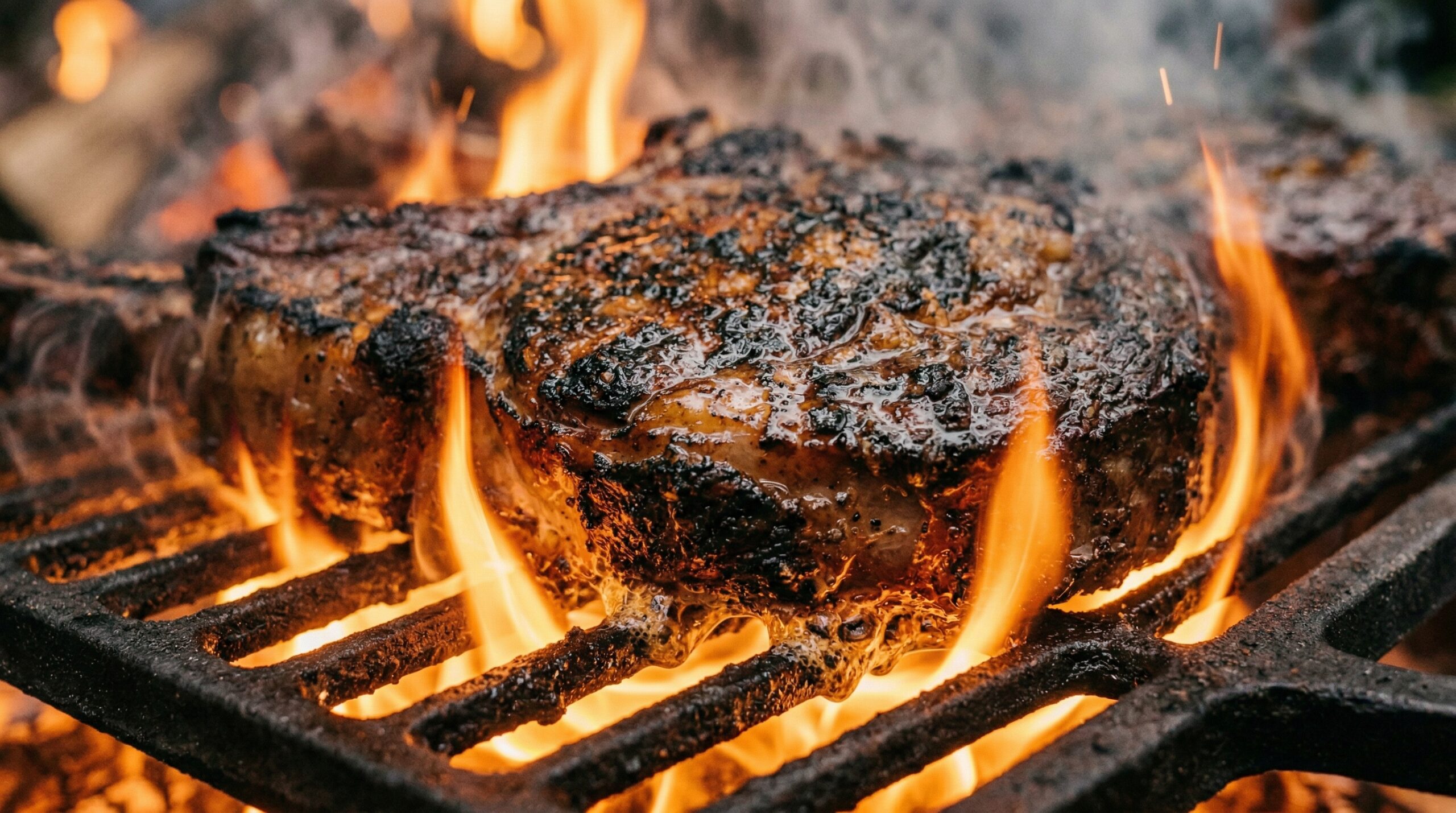 Massive bone-in tomahawk steaks actively searing and charring directly over a roaring campfire