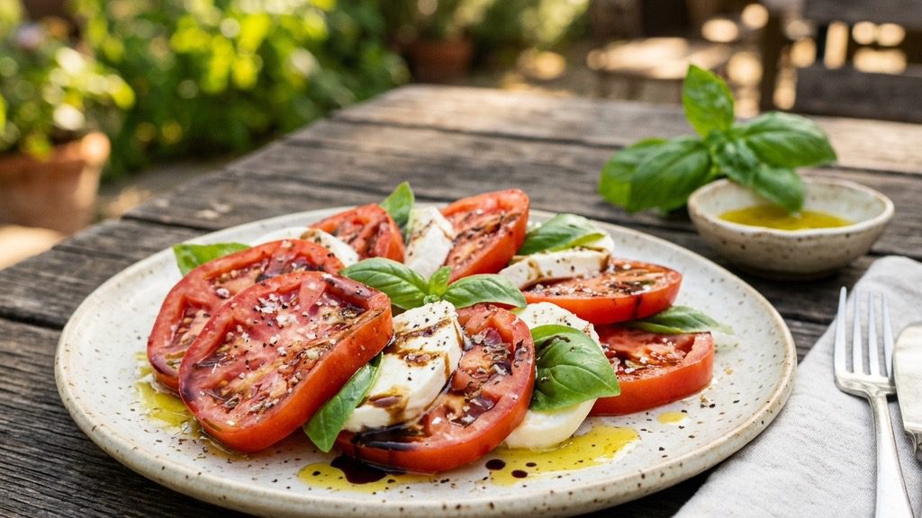 A close-up of a fresh caprese salad resting on a rustic wooden picnic table.
