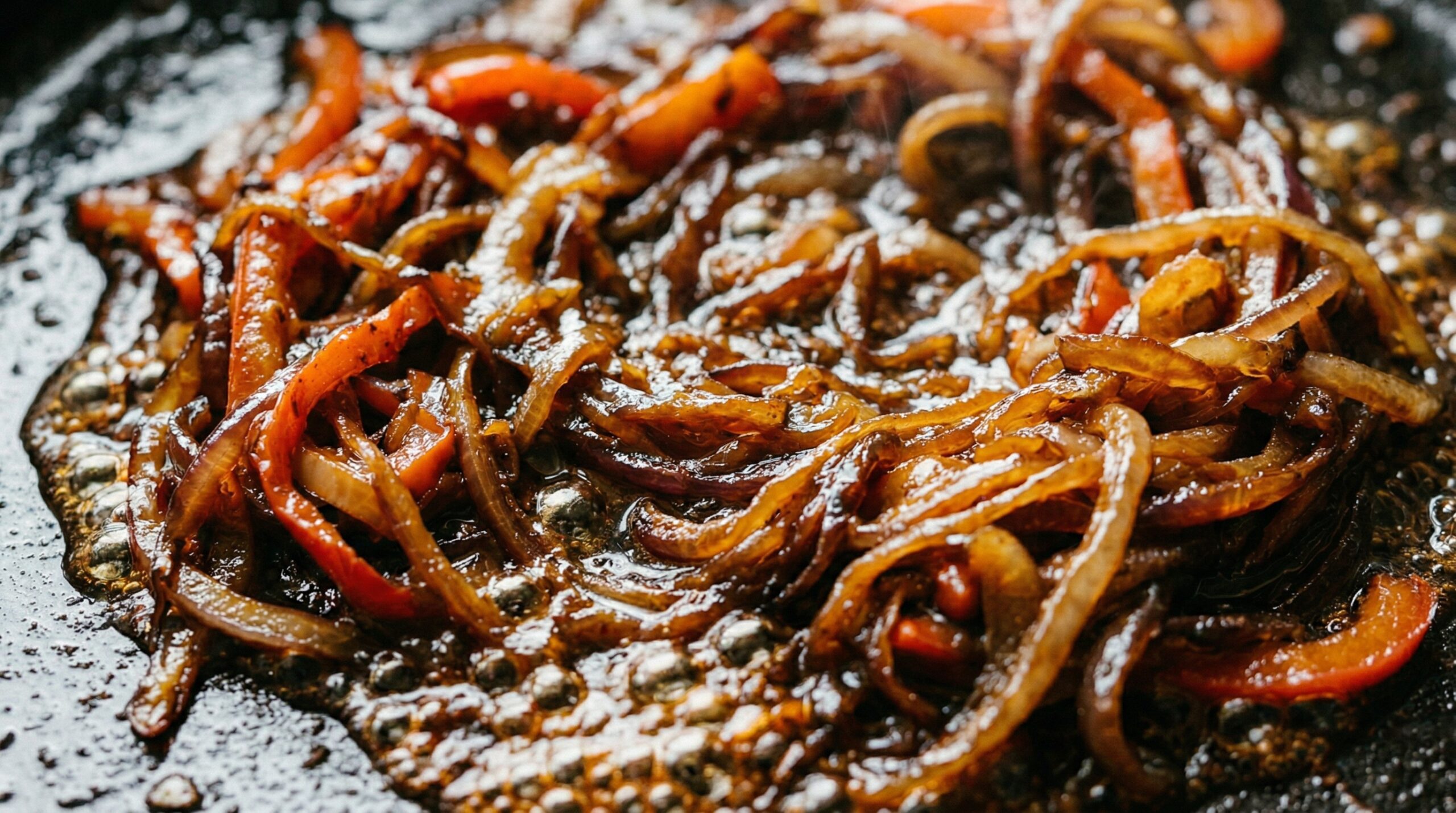 Macro detail of thinly sliced red onions and bell peppers actively cooking down into a dark, syrupy, deeply golden-brown tangle inside a cast-iron skillet
