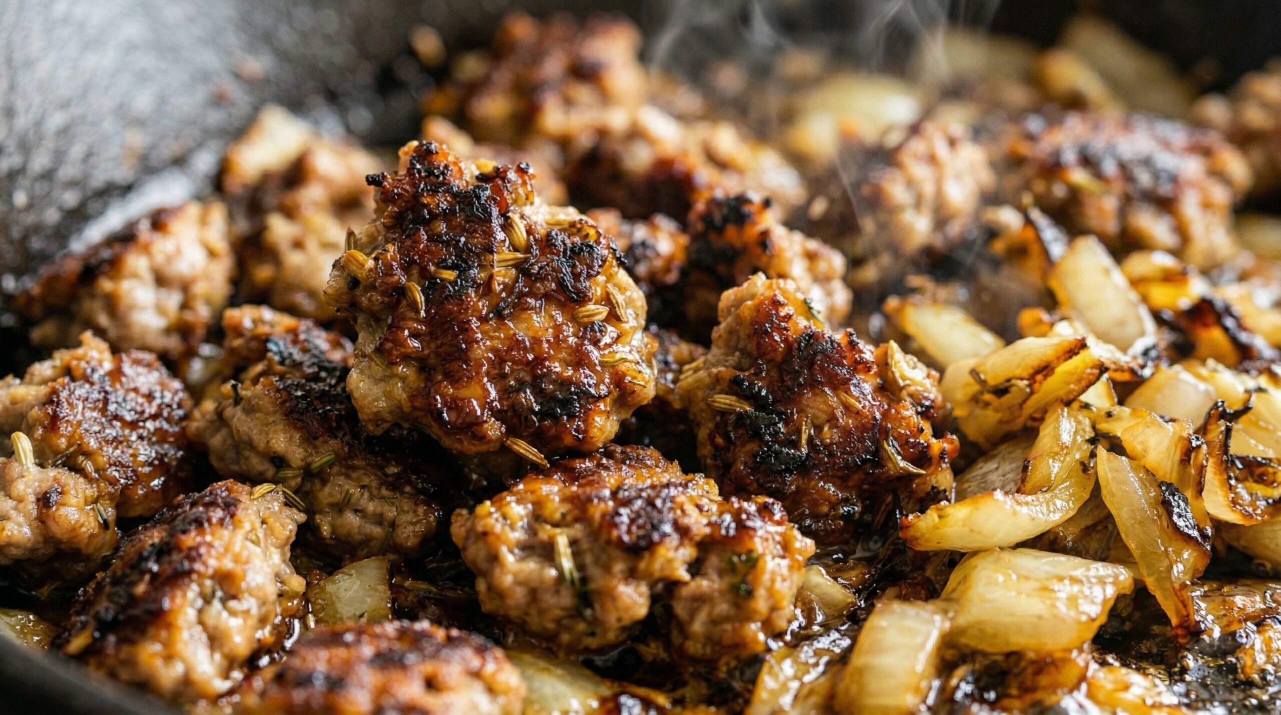 Macro detail of crumbled mild Italian sausage aggressively searing and browning alongside chopped fennel bulb in shimmering hot olive oil inside a heavy cast-iron skillet