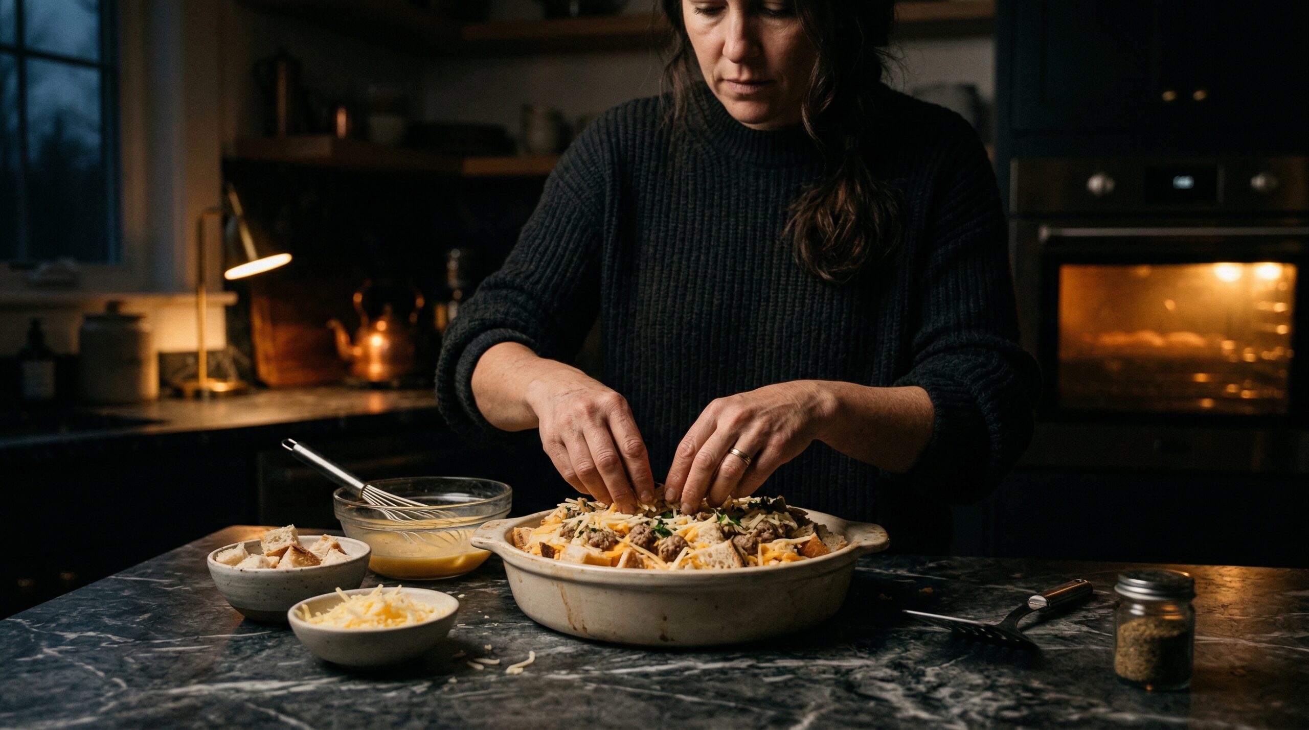 Quietly assembling an egg and cheese strata in a dim, early morning kitchen