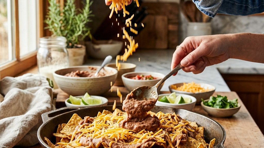 Hands layering thick refried beans and shredded cheddar cheese over crunchy tortilla chips in a cast iron skillet