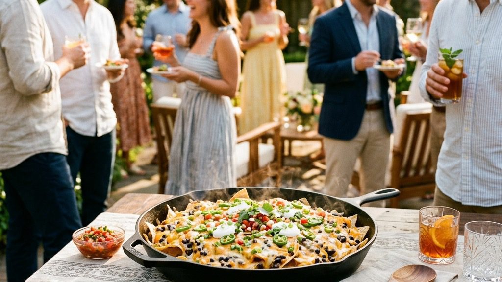 A rustic outdoor wooden table featuring the massive, piping hot cast iron skillet filled with cheesy baked nachos while guests mingle in the background