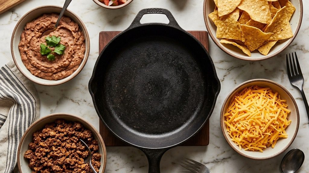 Mise-en-place overhead flatlay of a heavy black cast iron skillet surrounded by tortilla chips, refried beans, ground beef, and sharp cheddar cheese