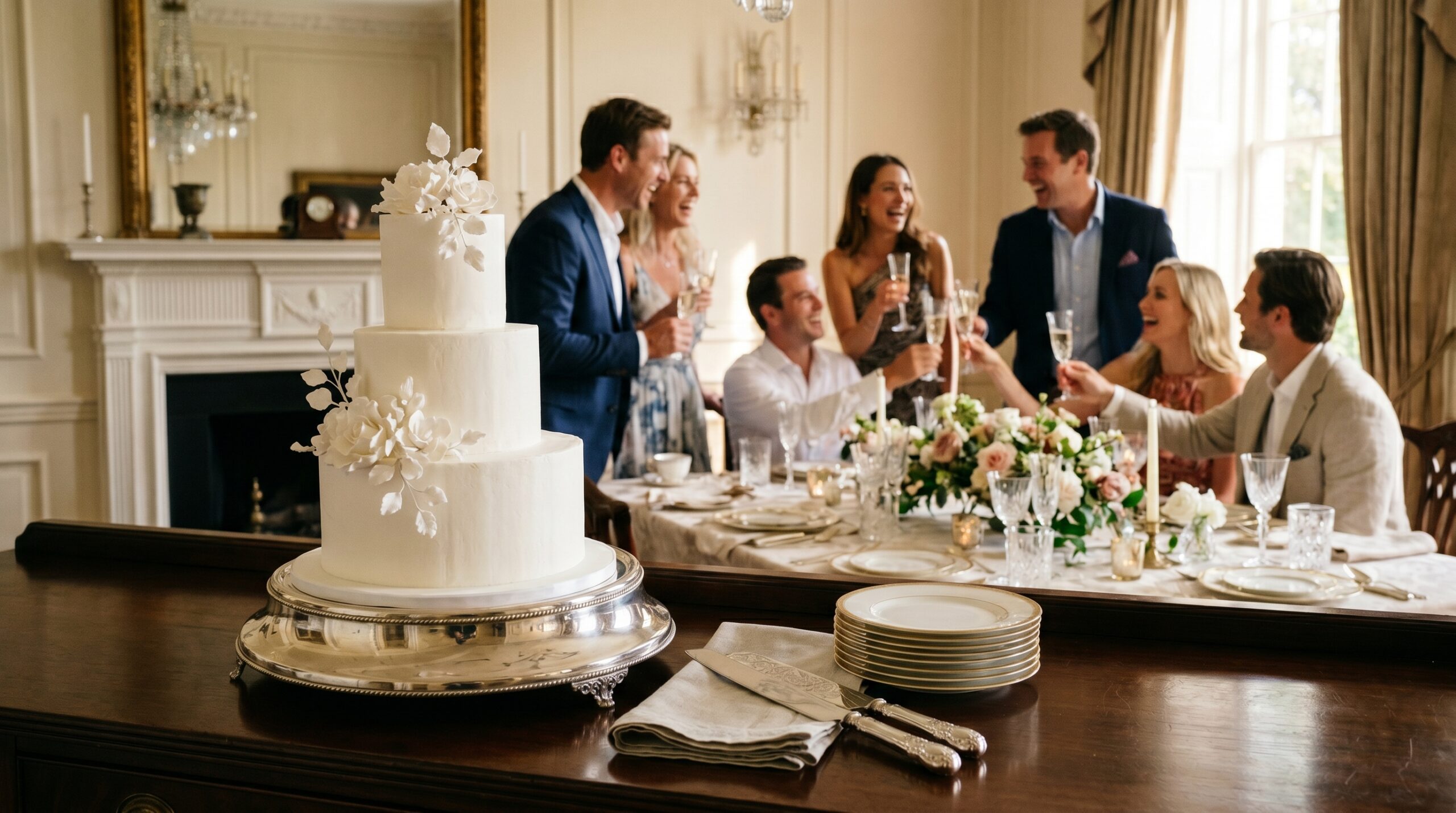 Elegant indoor estate dining room during a joyous afternoon celebration with couples toasting in the background, a stark white frosted layer cake on a silver pedestal in the foreground