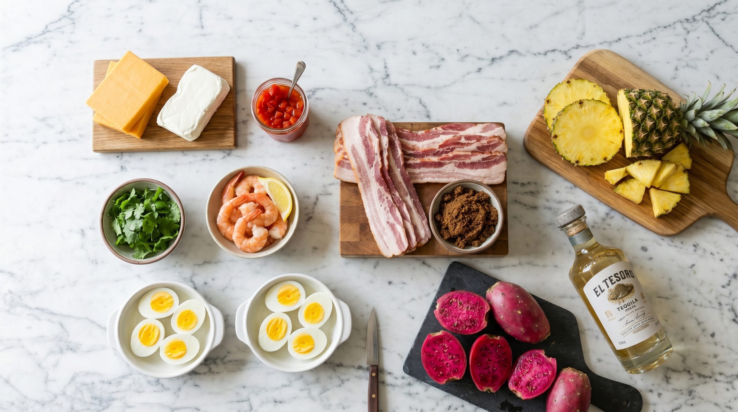 Mise-en-place flat-lay on a marble island showing sharp cheddar, cream cheese, raw thick-cut bacon, brown sugar, cooked shrimp, fresh cilantro, and vibrant magenta prickly pears