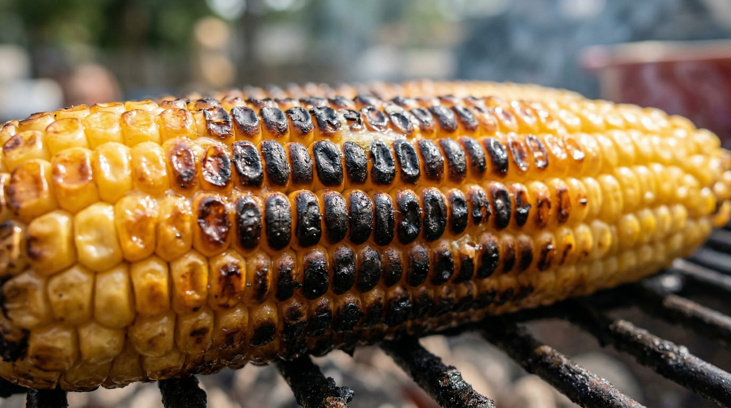 Ears of corn on a grill showing architectural char marks and golden kernels