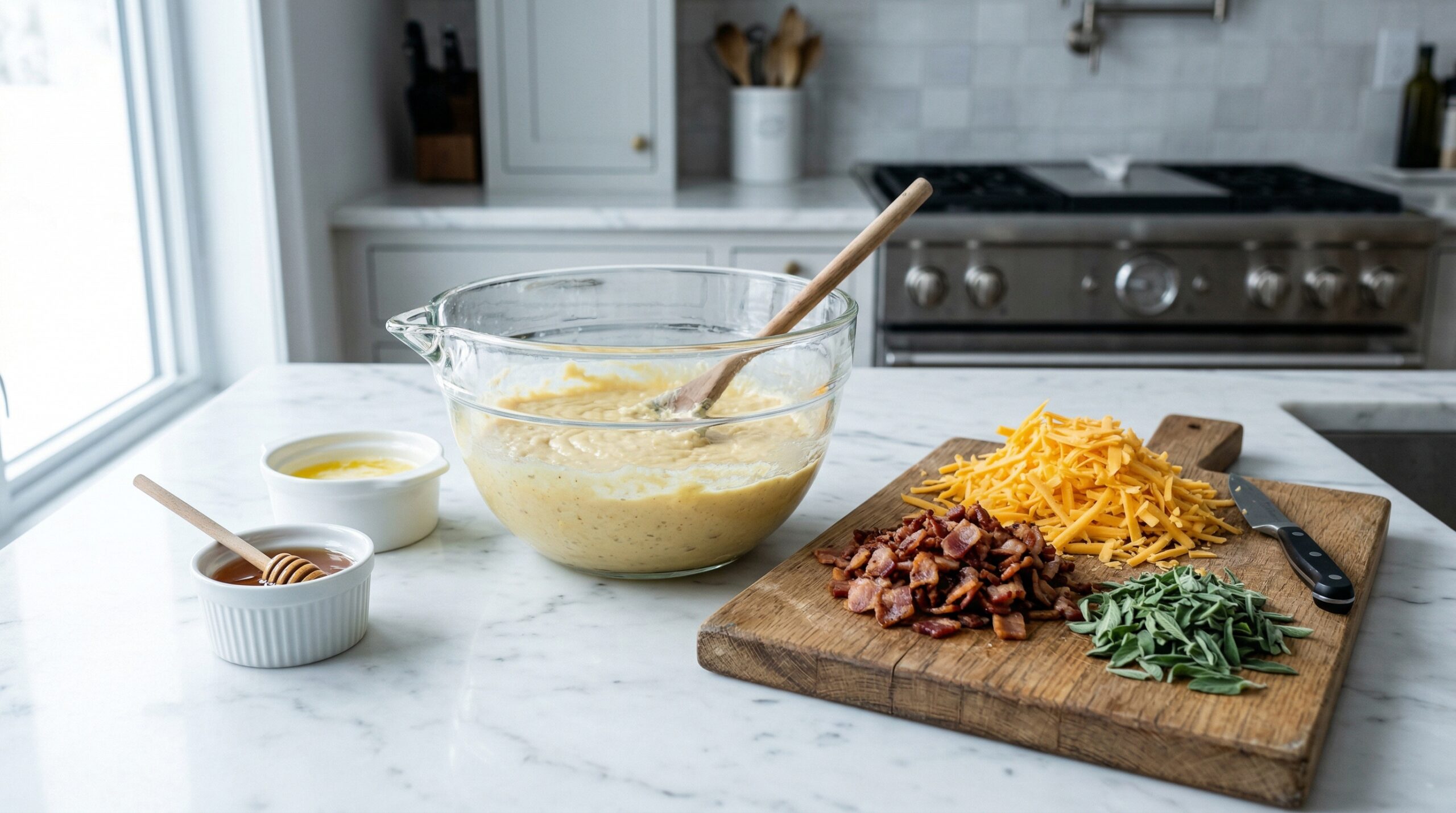 A heavy glass mixing bowl holding a thick, pale yellow batter resting next to a mound of freshly grated sharp cheddar cheese, crispy diced bacon, and finely chopped fresh sage on a pristine marble counter