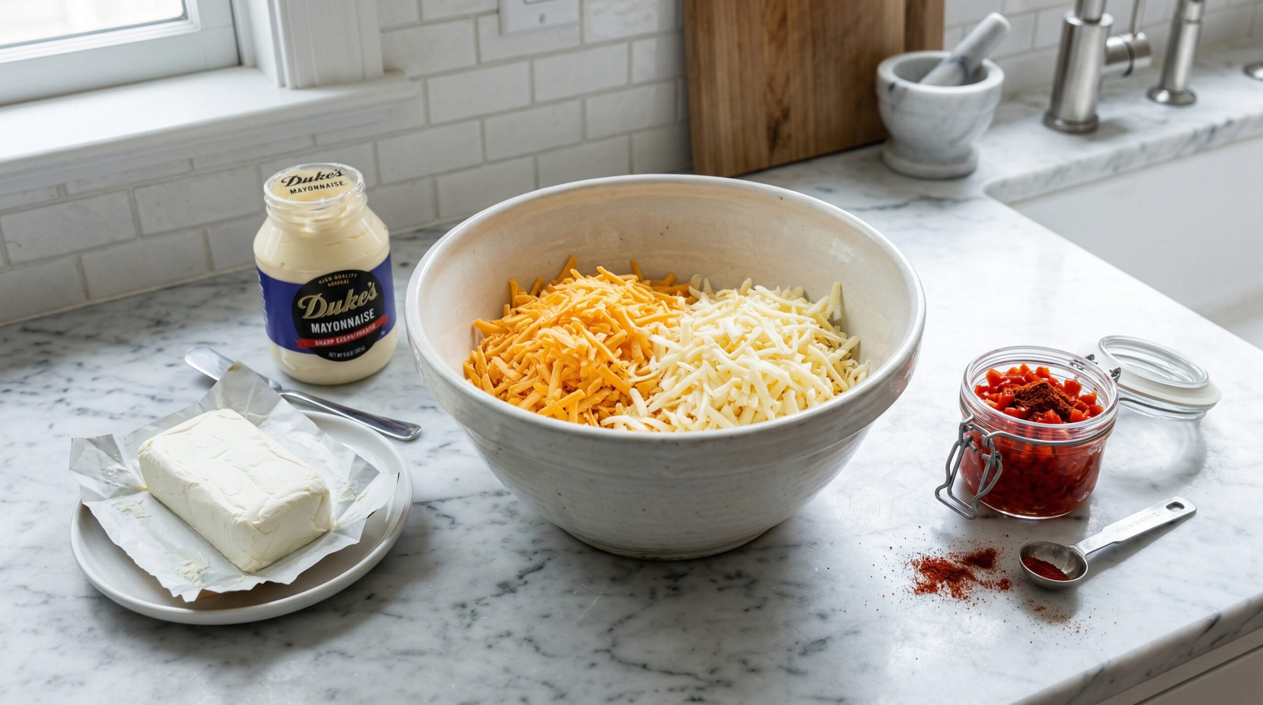 A heavy ceramic mixing bowl filled with freshly grated sharp cheddar and Monterey Jack cheese resting next to a block of softened cream cheese, mayonnaise, and diced red pimentos