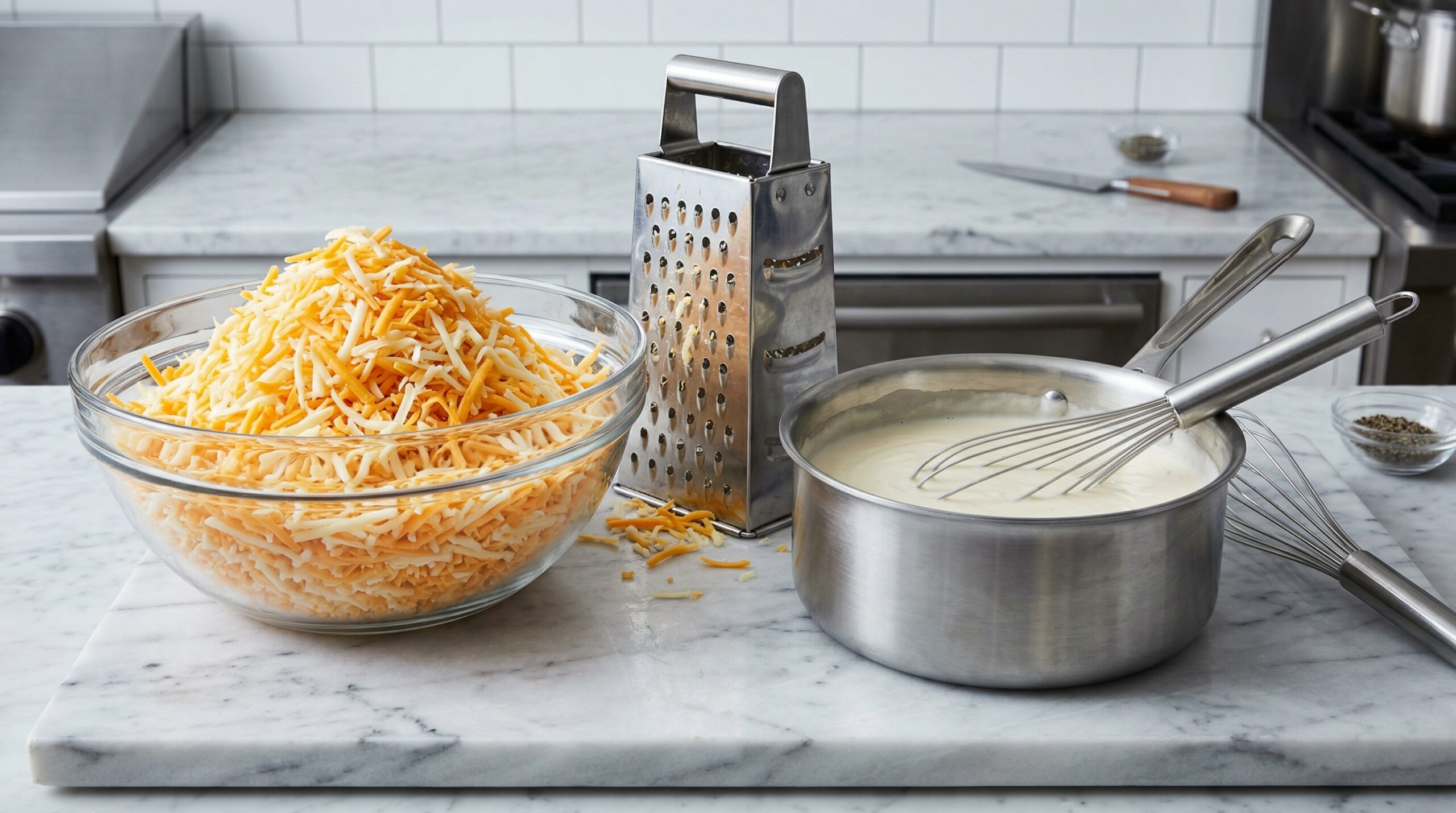 A heavy glass bowl holding freshly grated sharp cheddar and white Monterey Jack cheese next to a professional stainless steel cheese grater and a heavy saucepan filled with white béchamel sauce